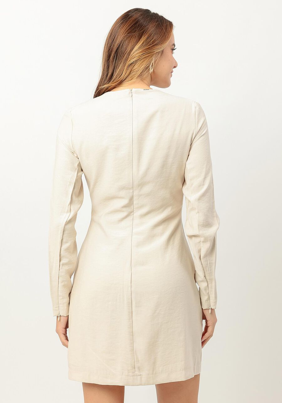 Vestido Curto Manga Longa com Strass, BEGE CAQUI. Vestido Curto Manga Longa com Strass, BEGE CAQUI, large.