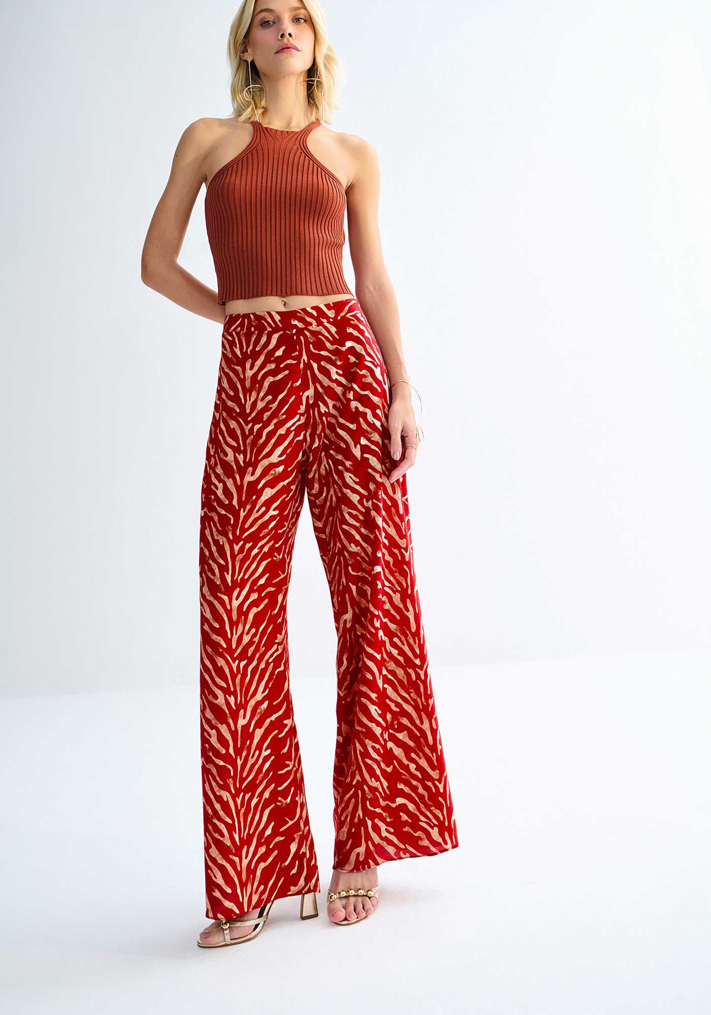 Cal&ccedil;a Pantalona Cintura Alta em Chiffon Estampada, SAND VERMELHO, large.