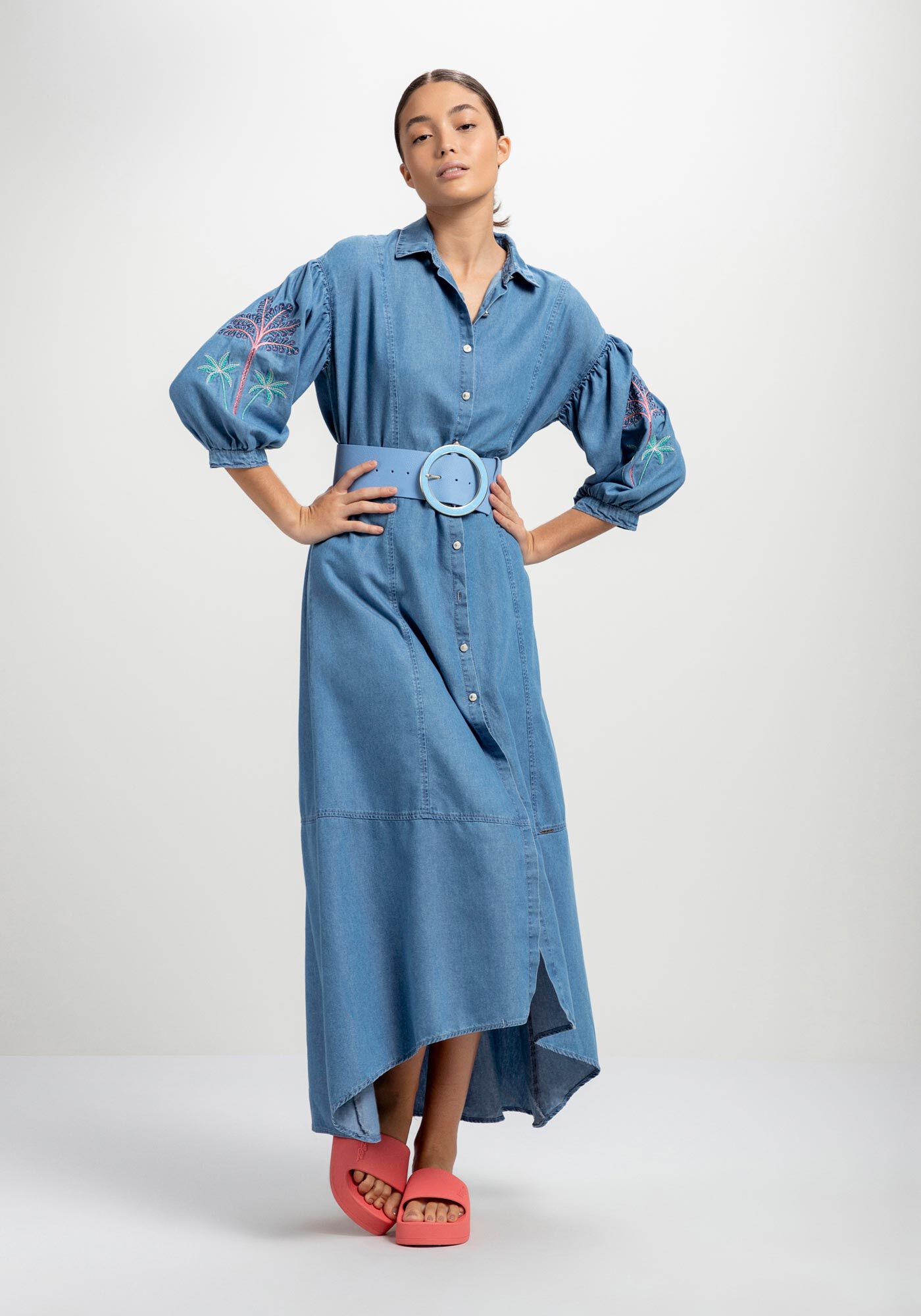 Vestido Jeans Midi Chemise com Bordado, JEANS, large.