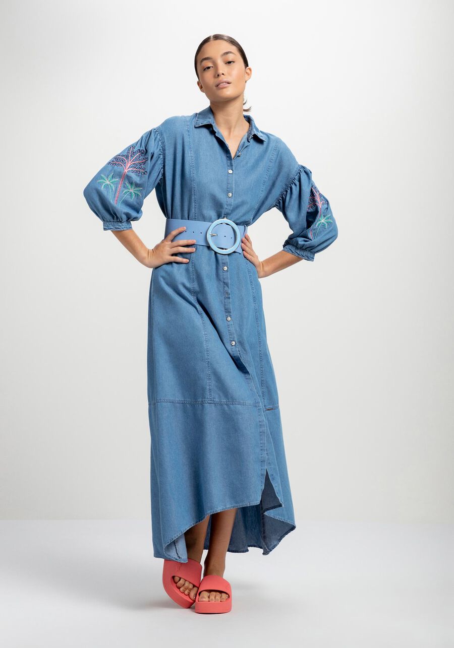 Vestido Jeans Midi Chemise com Bordado, JEANS. Vestido Jeans Midi Chemise com Bordado, JEANS, large.