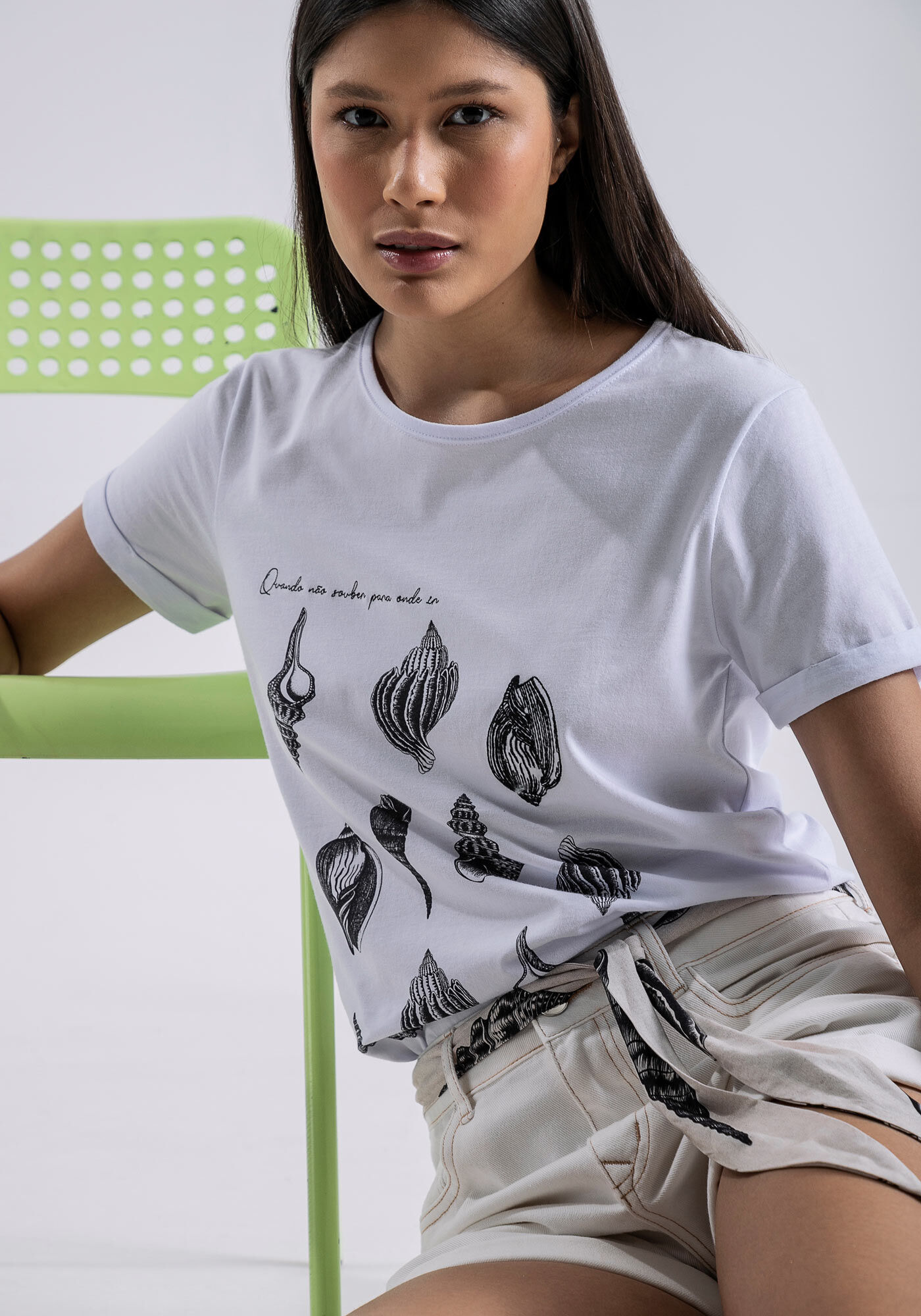 Blusa Manga Curta com Estampa Conchas, BRANCO, large.