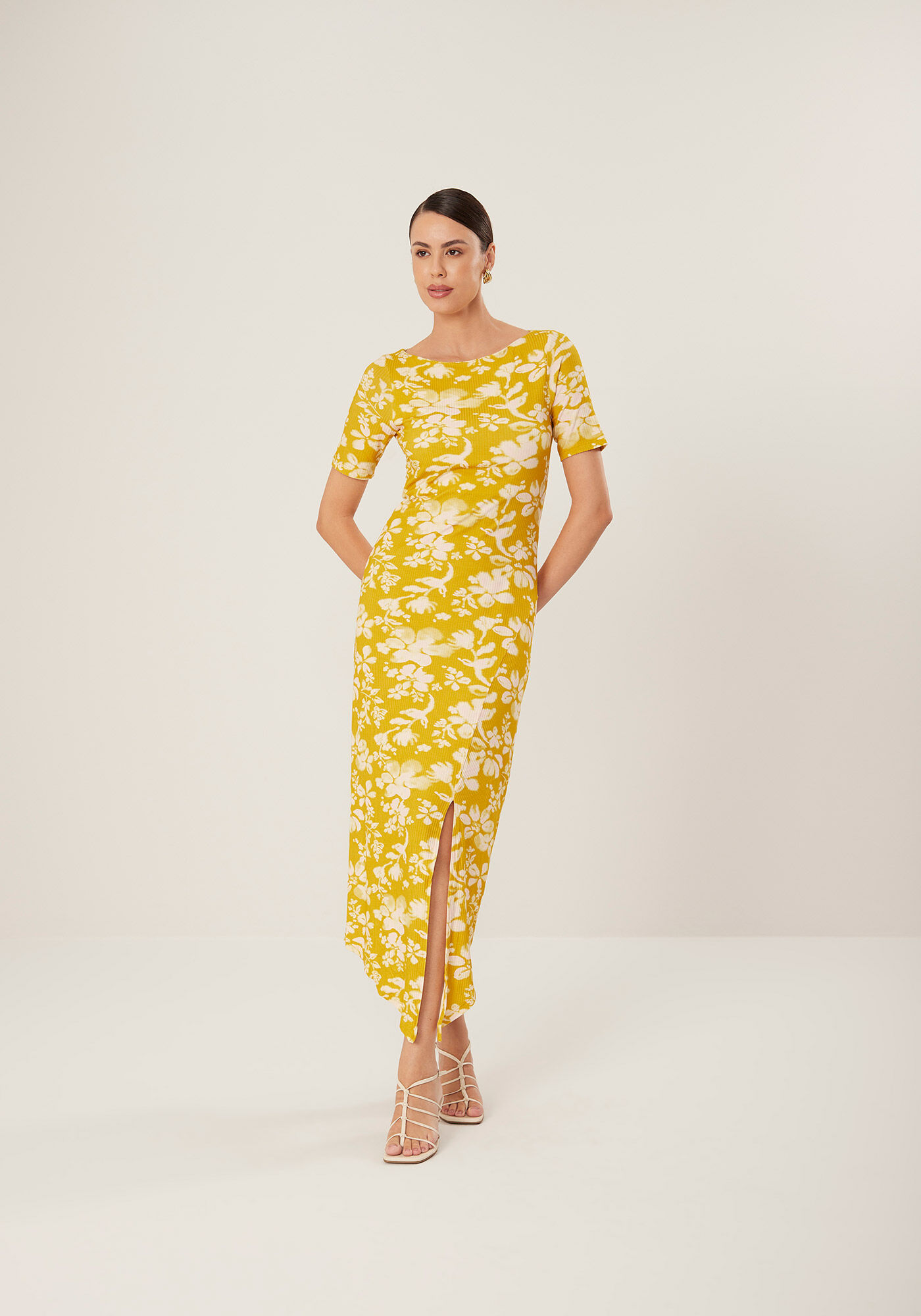 Vestido Midi Ch&aacute; Estampado Assim&eacute;trico Em Malha Canelada, , large.