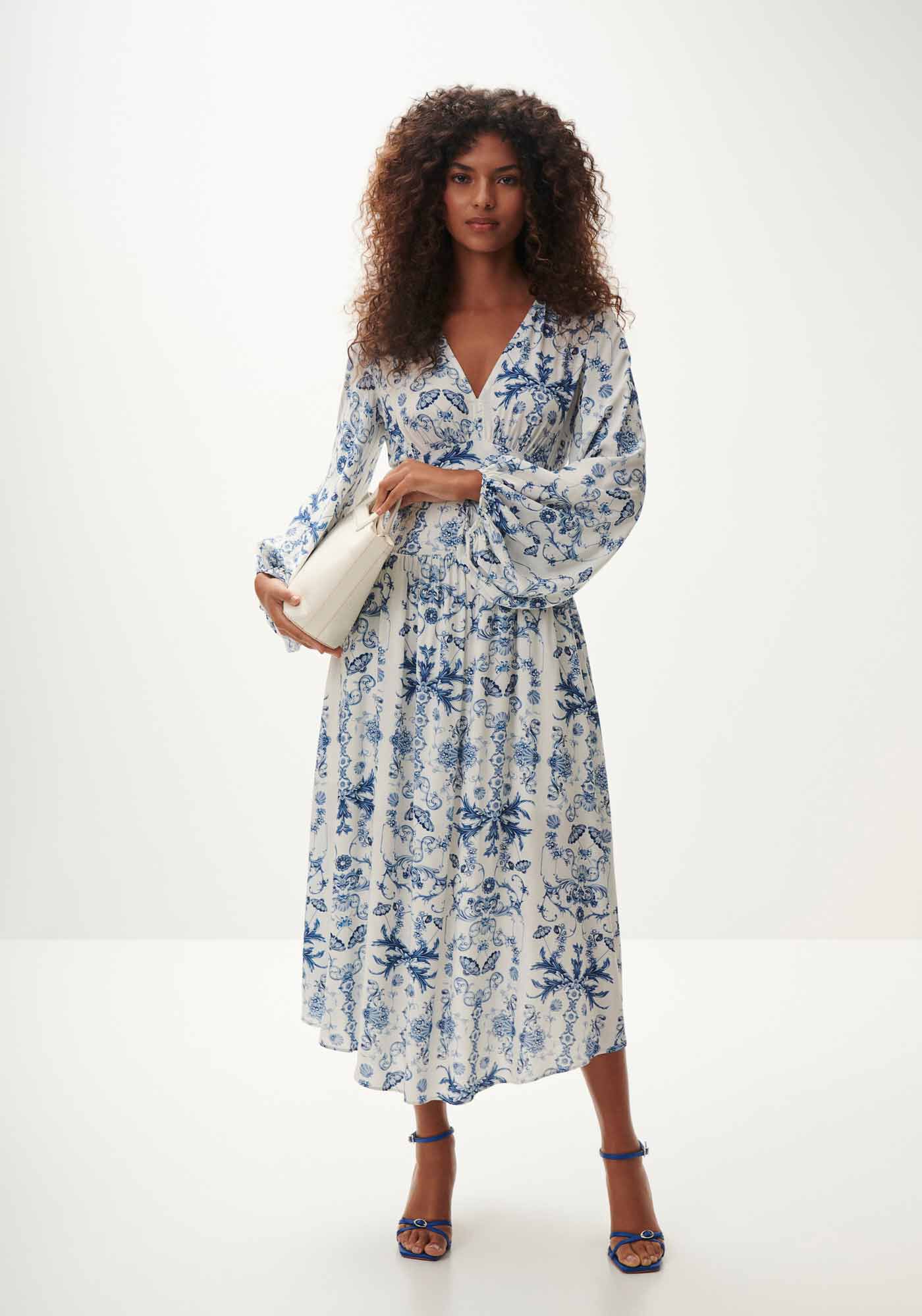 Vestido Midi Estampado com Manga Longa Bufante, , large.