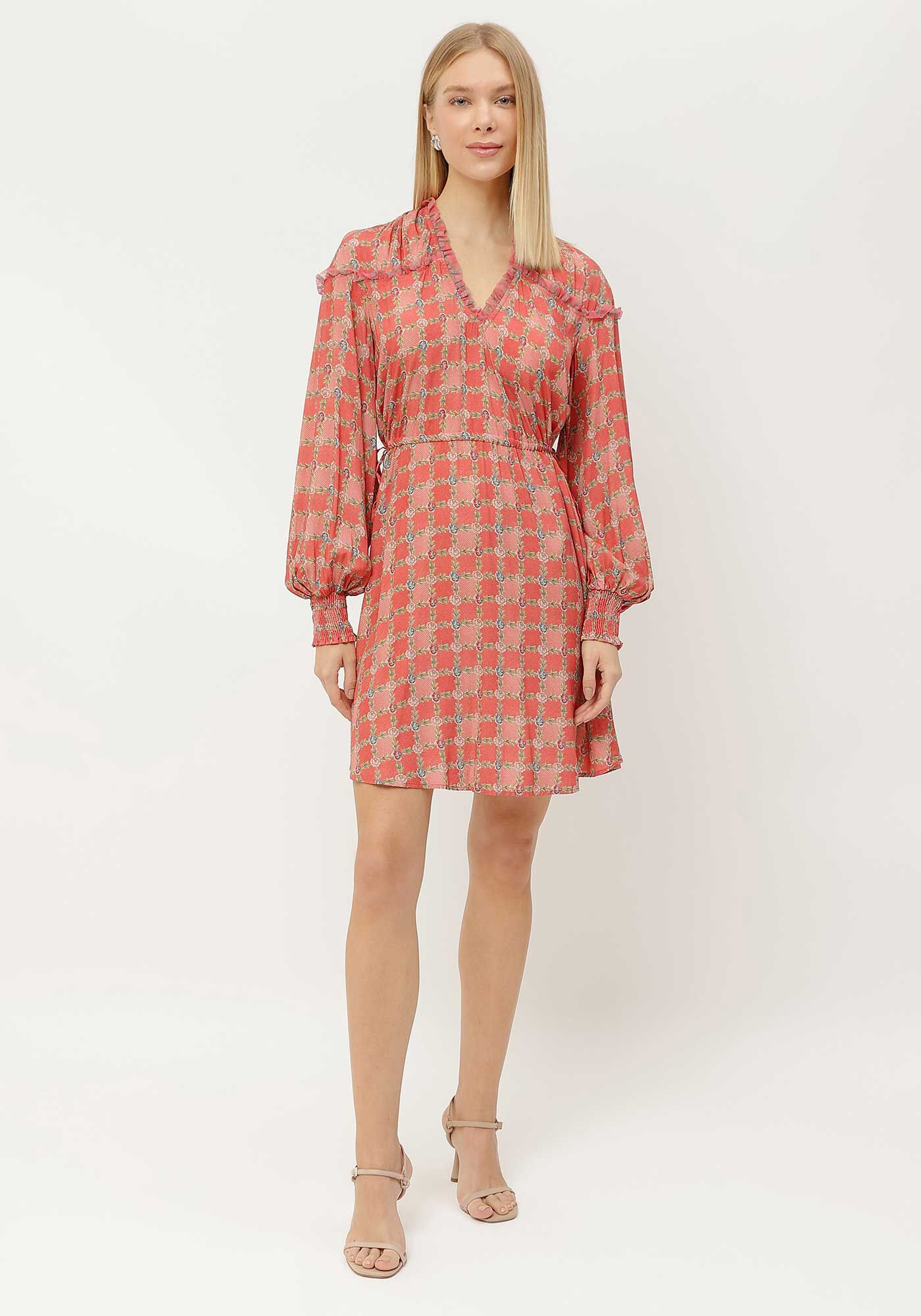 Vestido Curto Manga Longa Estampado com Amarra&ccedil;&atilde;o, , large.