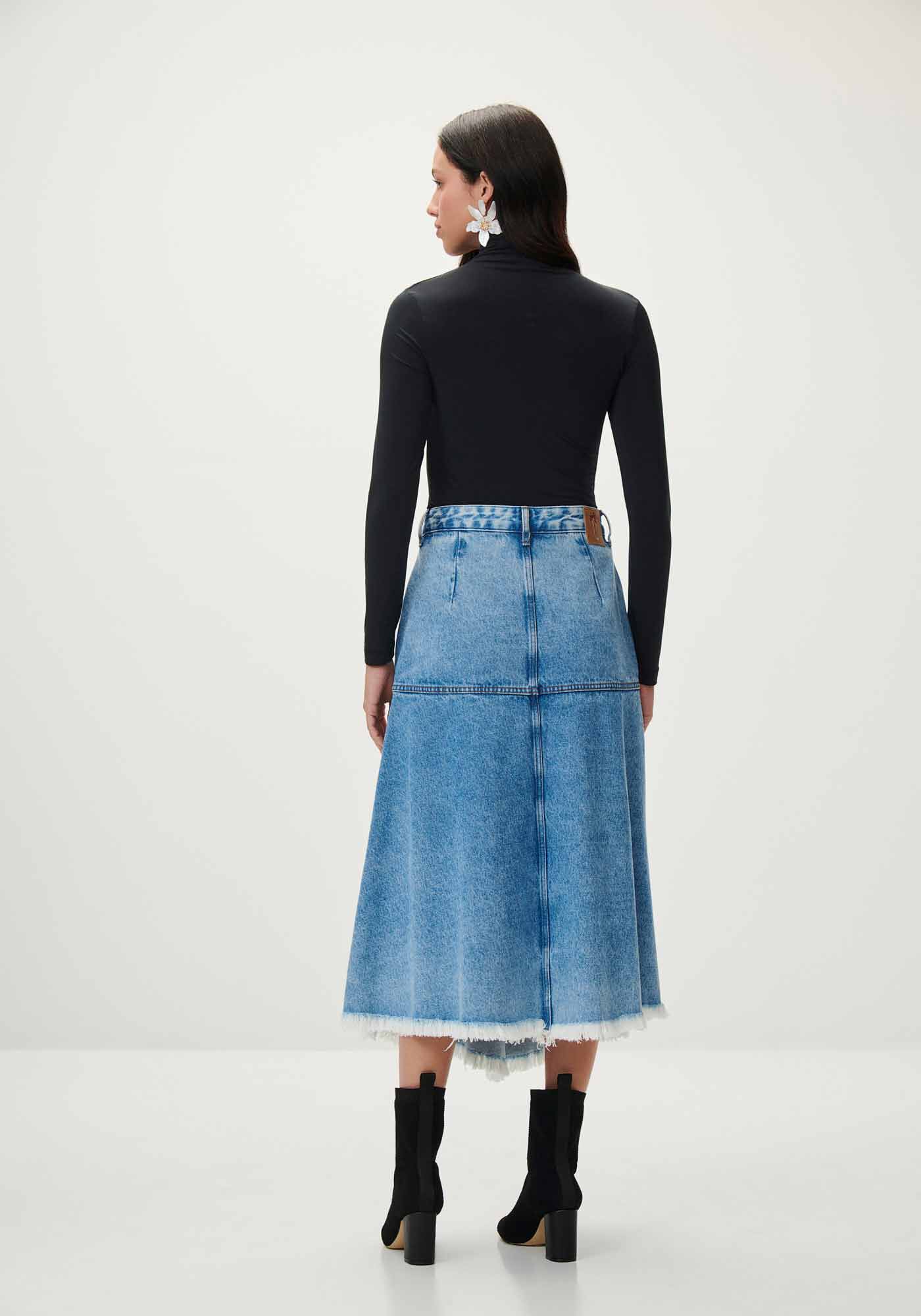 Saia Jeans Midi Cintura Alta com Recorte God&ecirc;, JEANS, large.