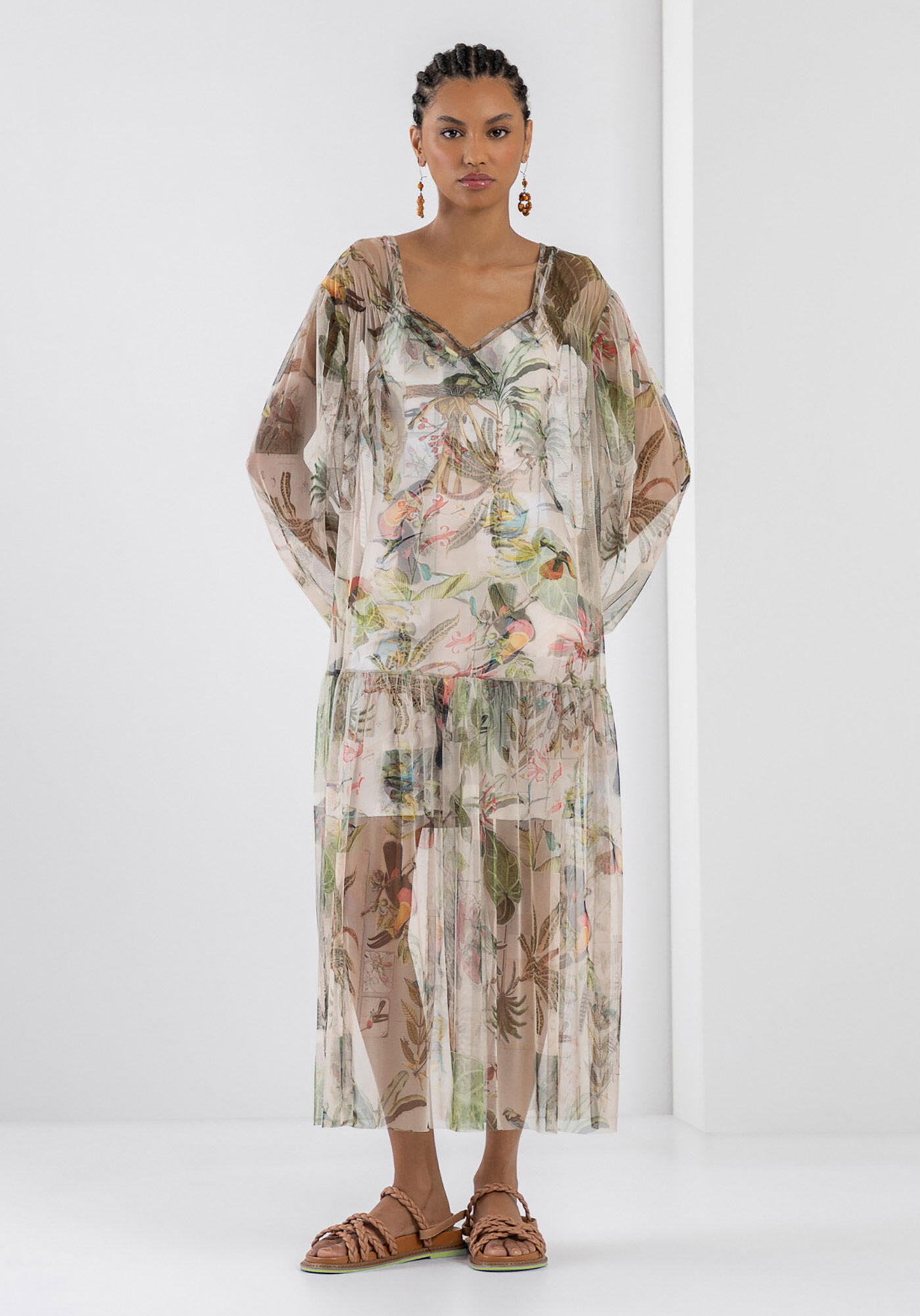 Vestido Midi em Tule com Manga Longa Bufante, , large.