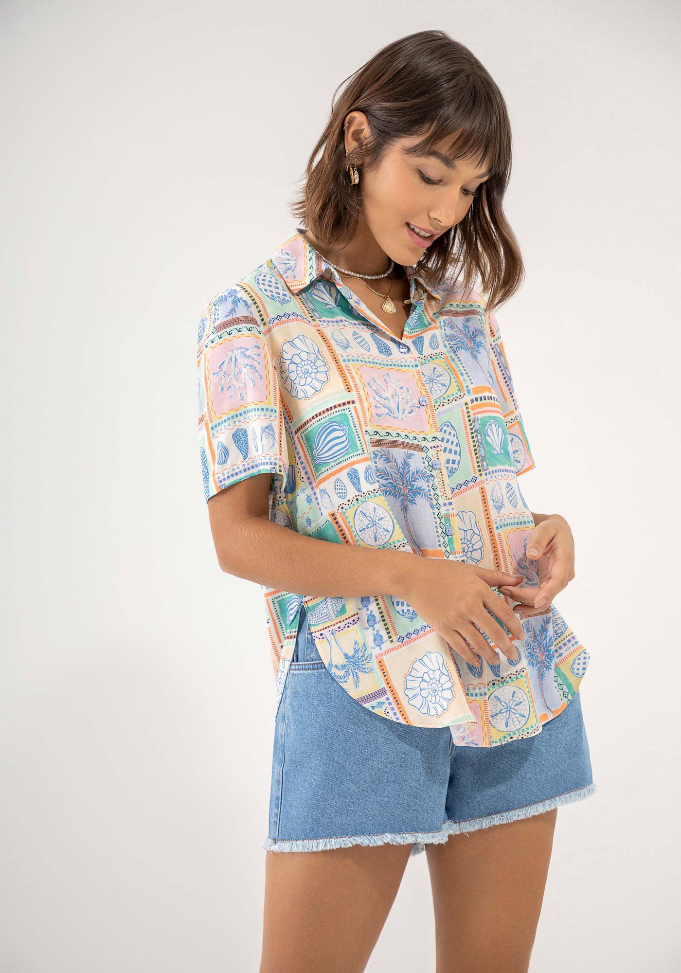 Camisa Manga Curta em Viscose Estampada, , large.