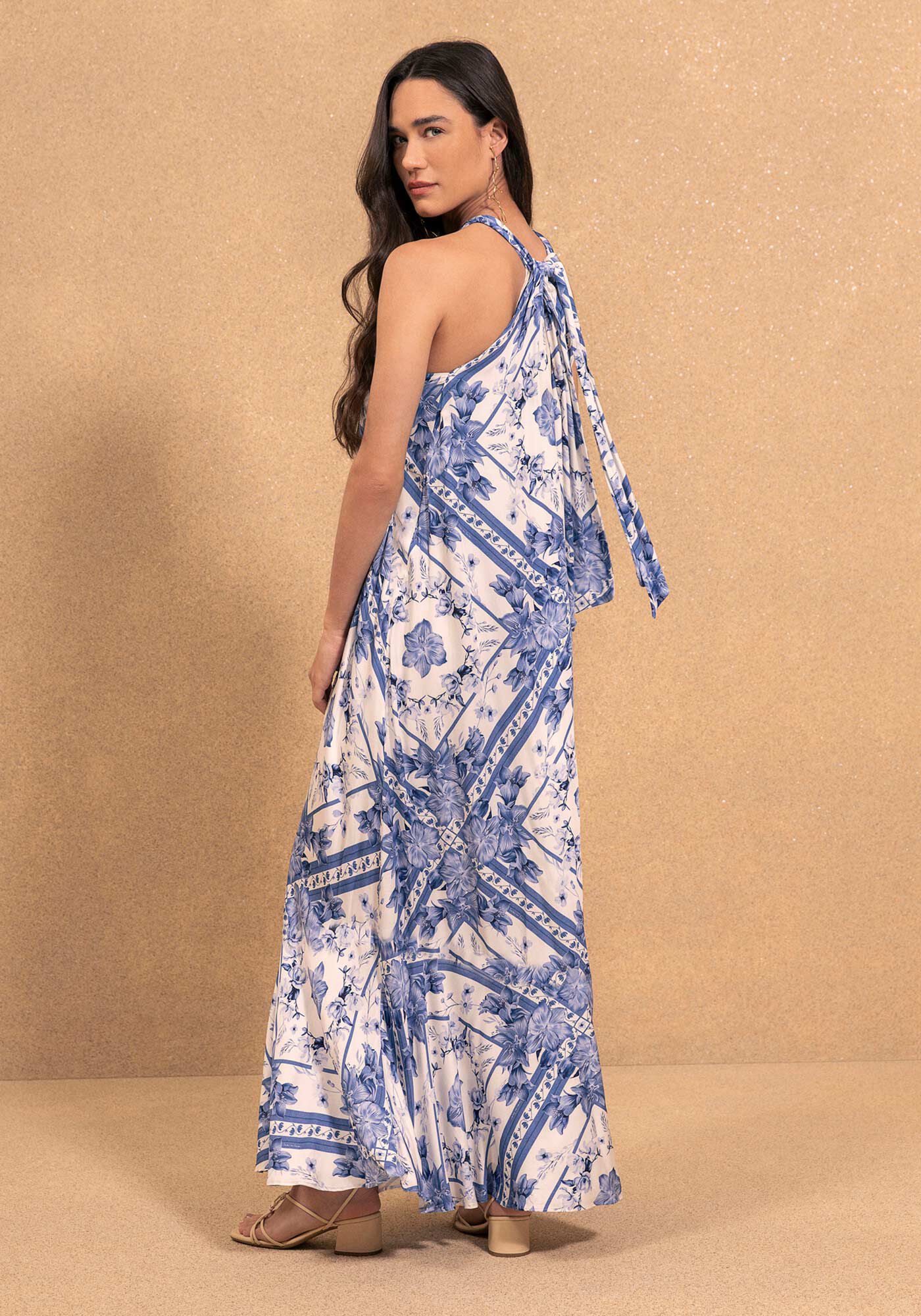 Vestido Longo Fluido Estampado Com Amarra&ccedil;&atilde;o Posterior, FRAME AZUL, large.