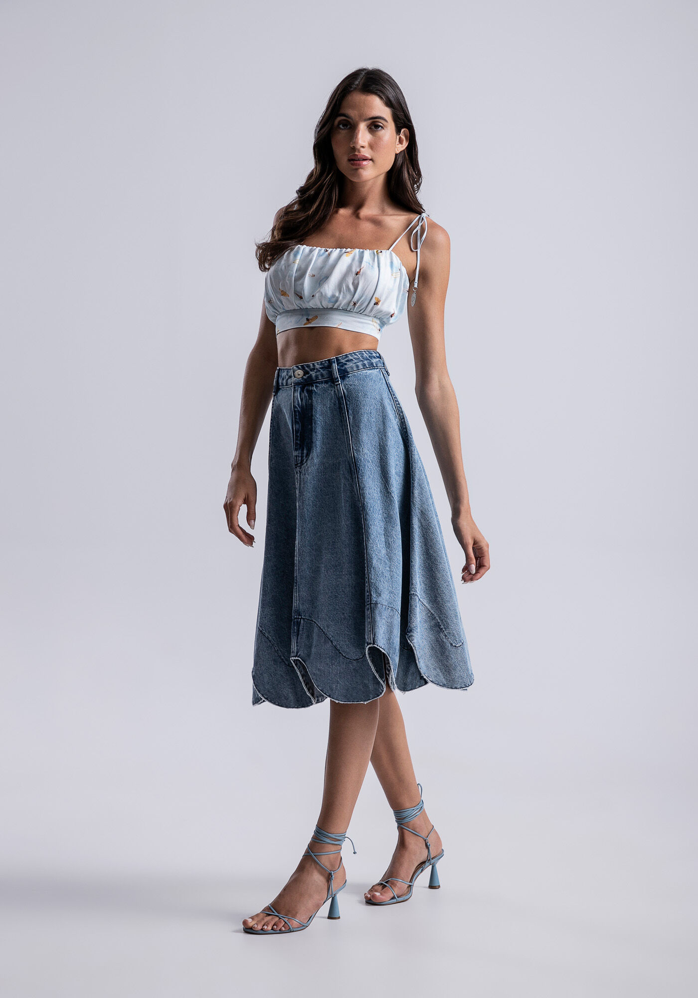 Saia Jeans Midi Evas&ecirc; com Recorte Barra, JEANS, large.