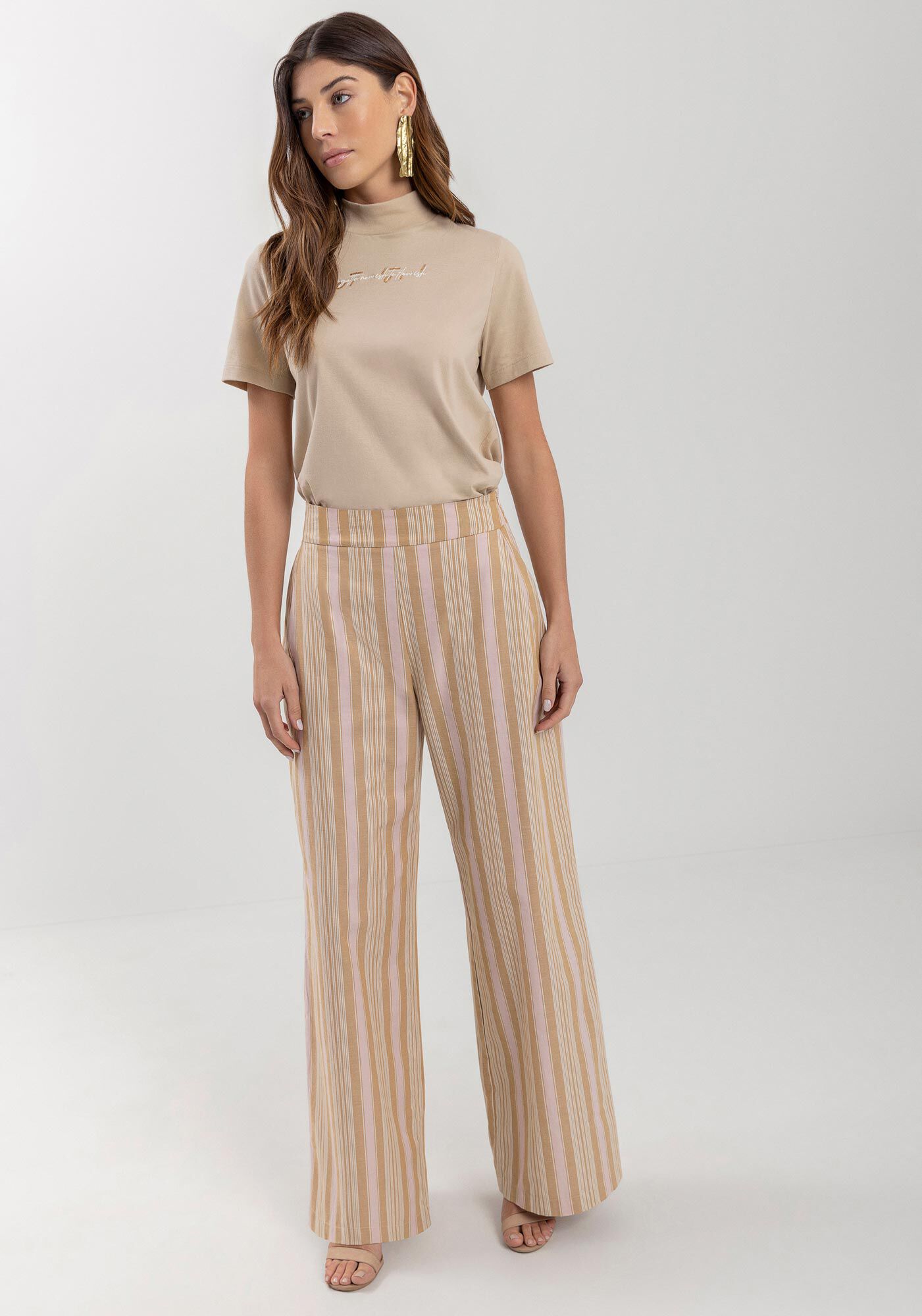 Cal&ccedil;a Pantalona Listrada Com Cintura Alta Em Algod&atilde;o, , large.