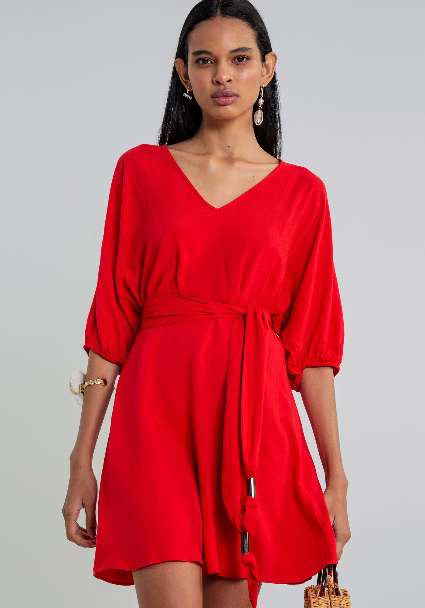 Vestido Curto Manga Ampla Cinto, , large.