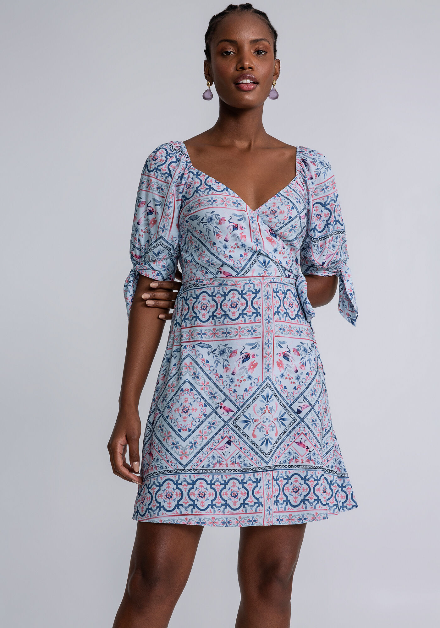 Vestido Curto Manga Bufante Estampado, SERENA, large.