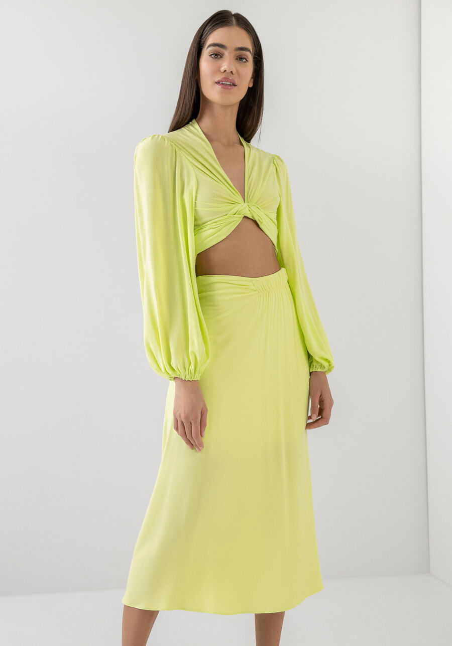 Saia Midi em Viscose com Detalhe Franzido, AMARELO PINA COLADA. Saia Midi em Viscose com Detalhe Franzido, AMARELO PINA COLADA, large.