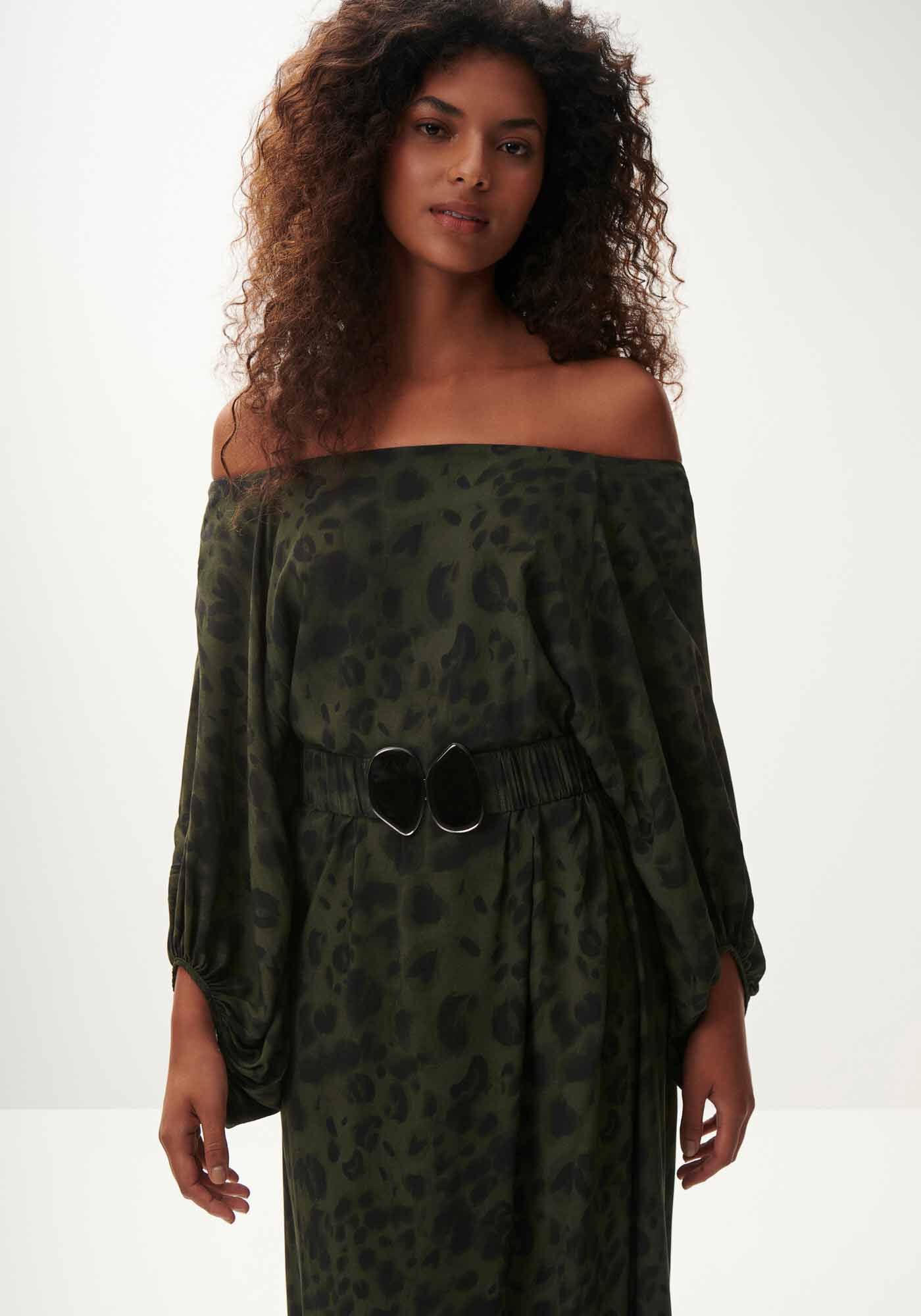 Vestido Midi Manga 3/4 Estampado com Cinto, FOREST, large.