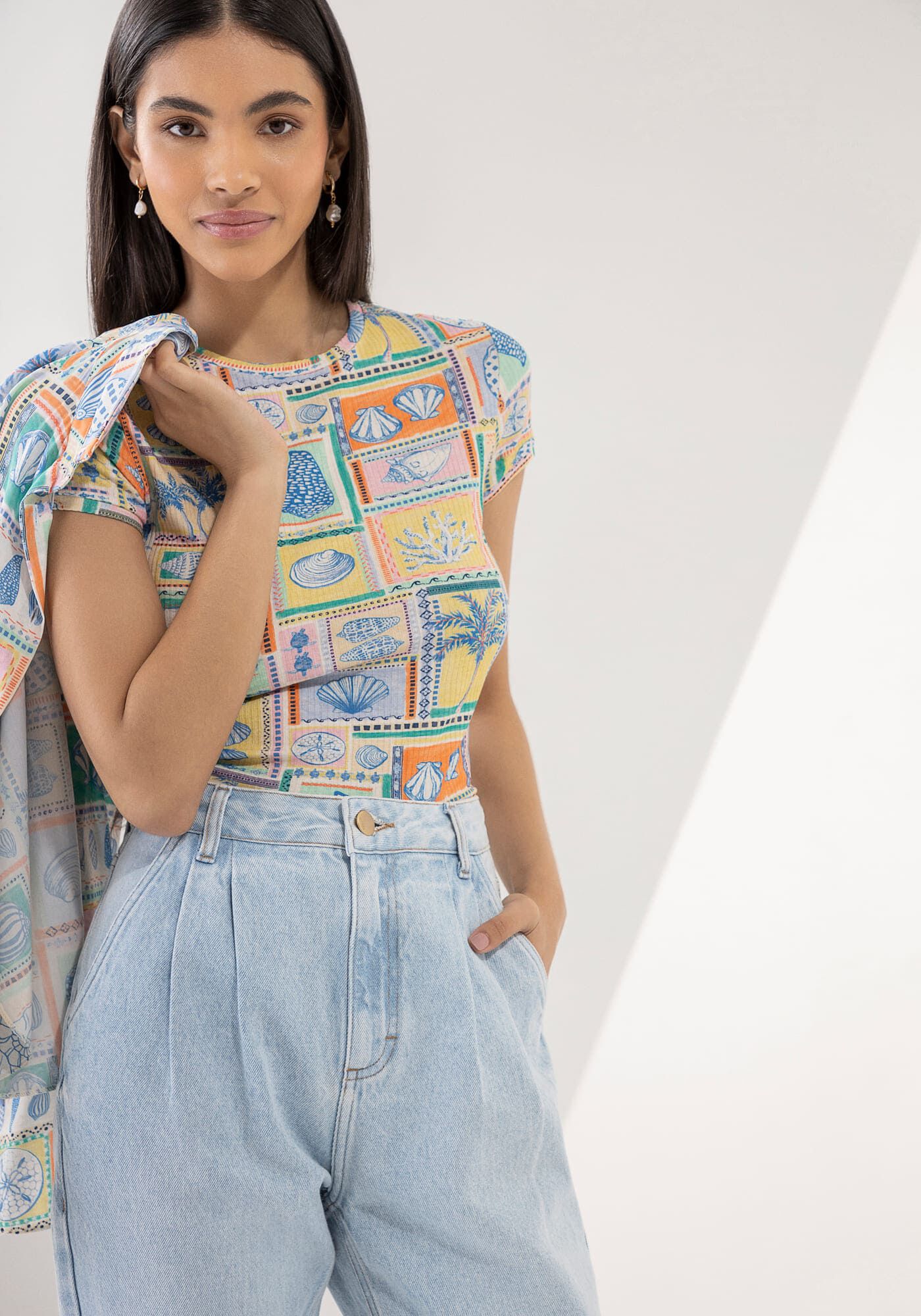 Blusa Manga Curta Canelada Estampada, , large.