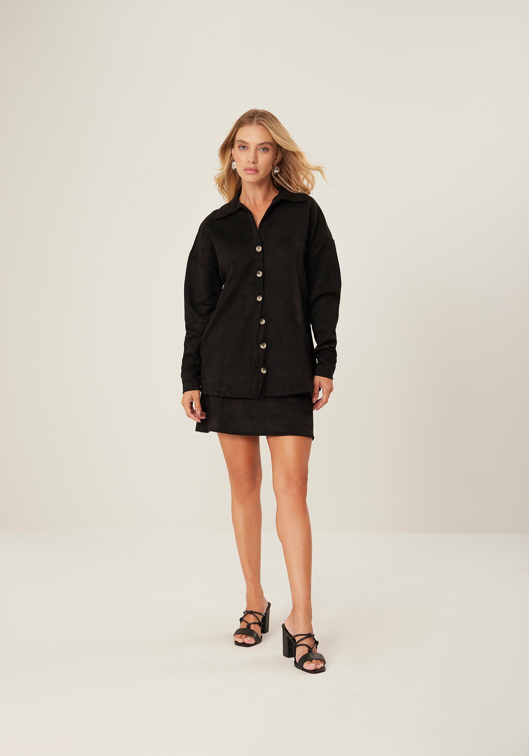 Casaco Boyfriend Em Malha Suede Com Botões Frontais, . Casaco Boyfriend Em Malha Suede Com Botões Frontais, , large.