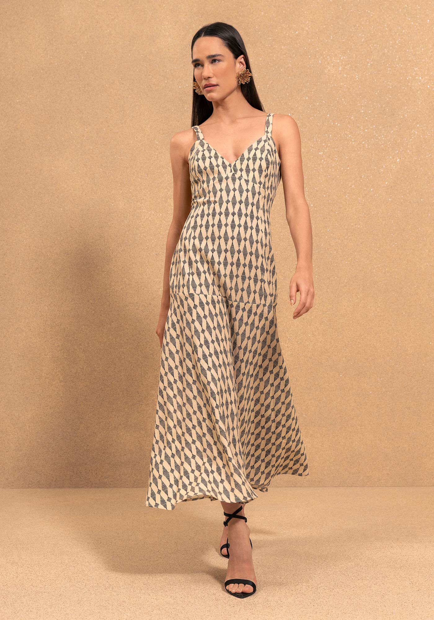 Vestido Estampado De Al&ccedil;as Ch&aacute; Com Decote em V, CORDOES BEGE, large.