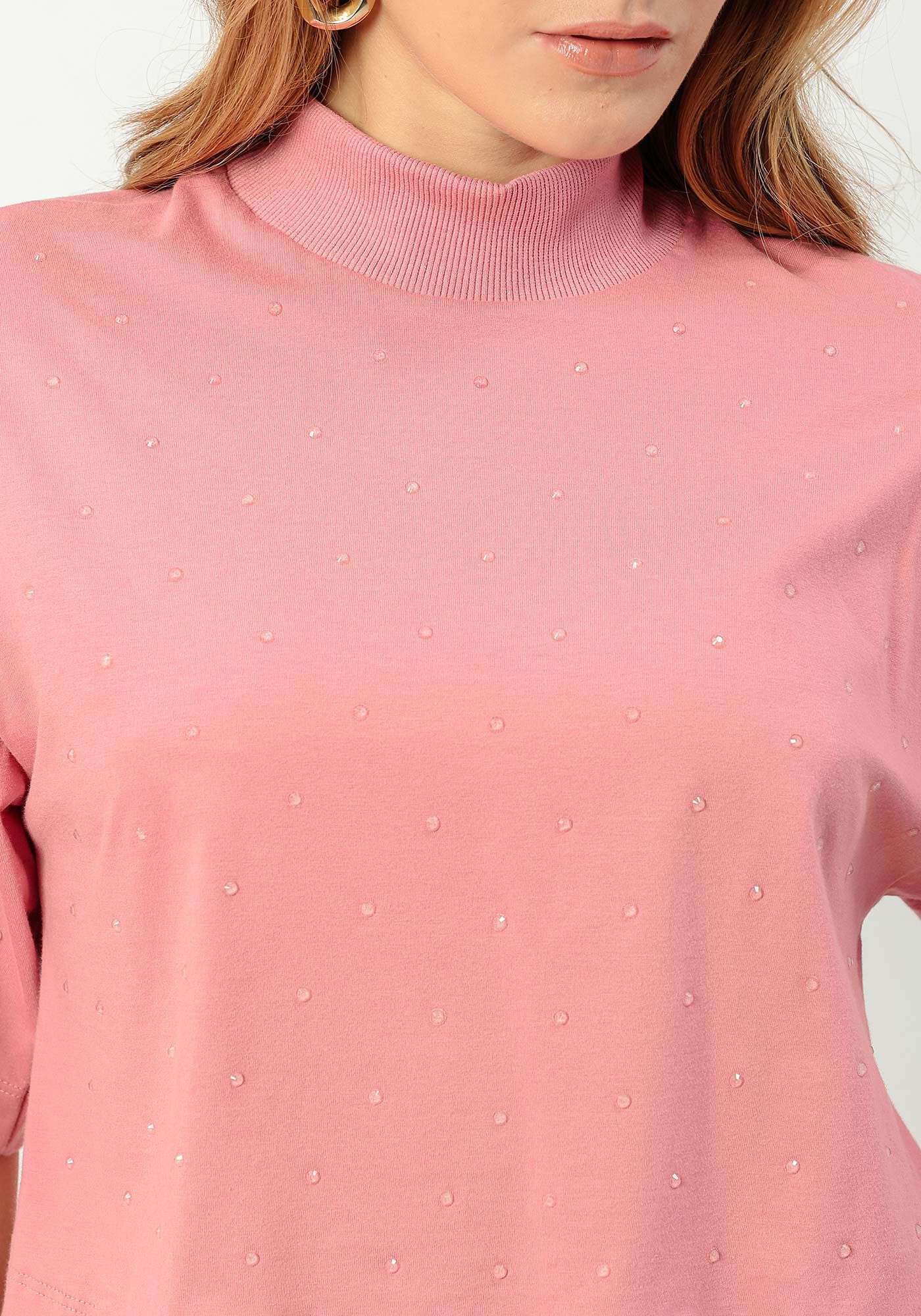T-shirt Oversized em Malha com Gola e Strass, ROSA ARABESQUE, large.