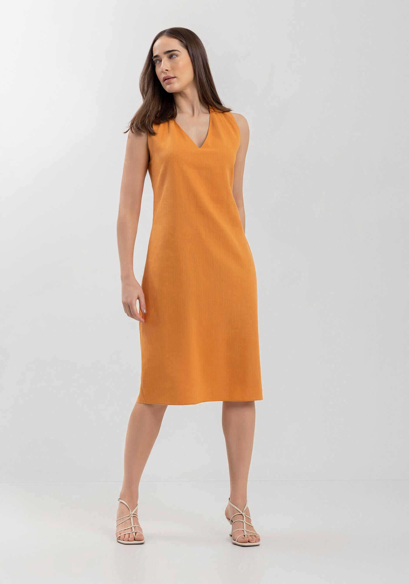 Vestido Midi Com Decote V Em Linho E Viscose, , large.