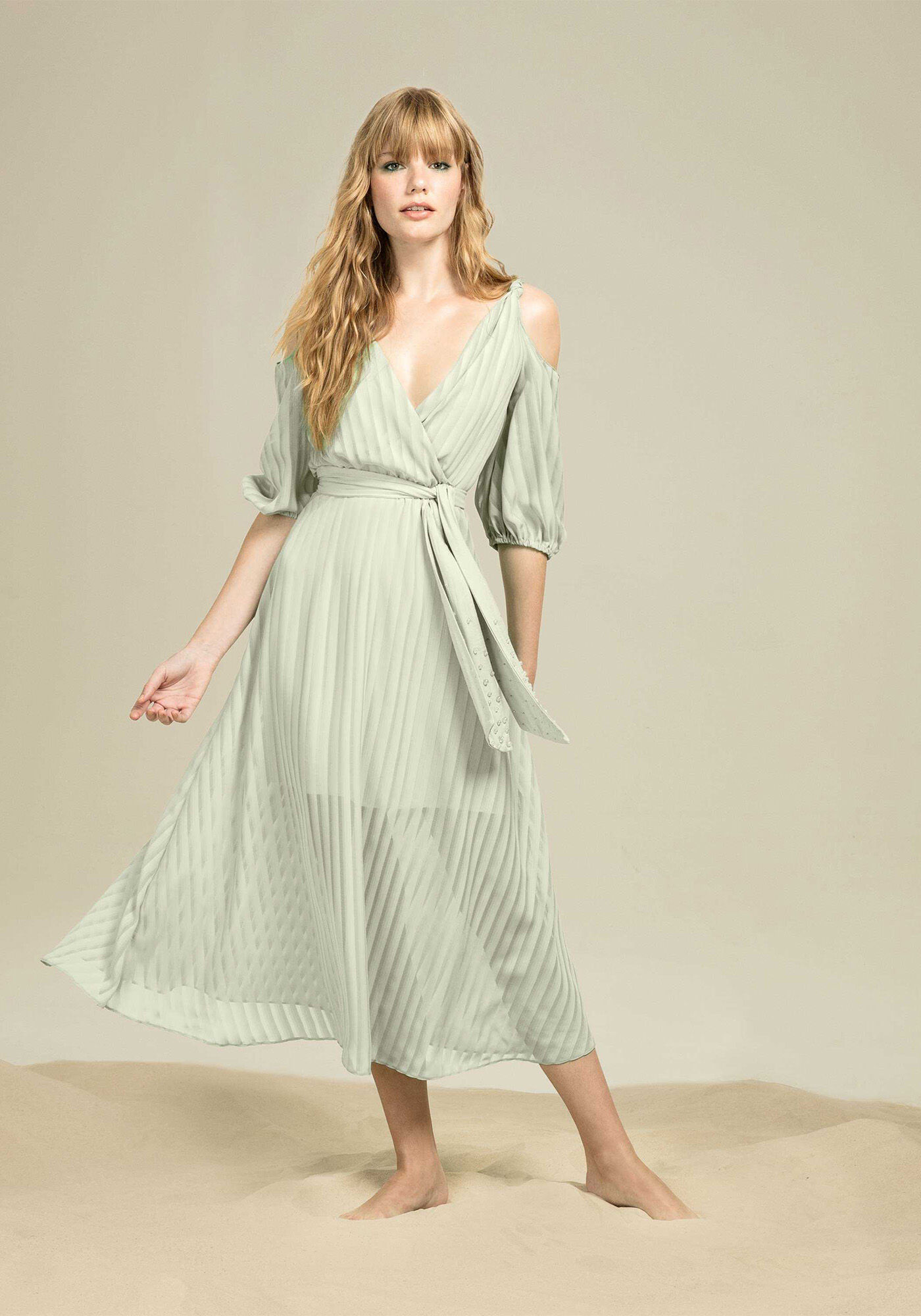 Vestido M&iacute;di Cinto P&eacute;rolas Verde Spa, , large.