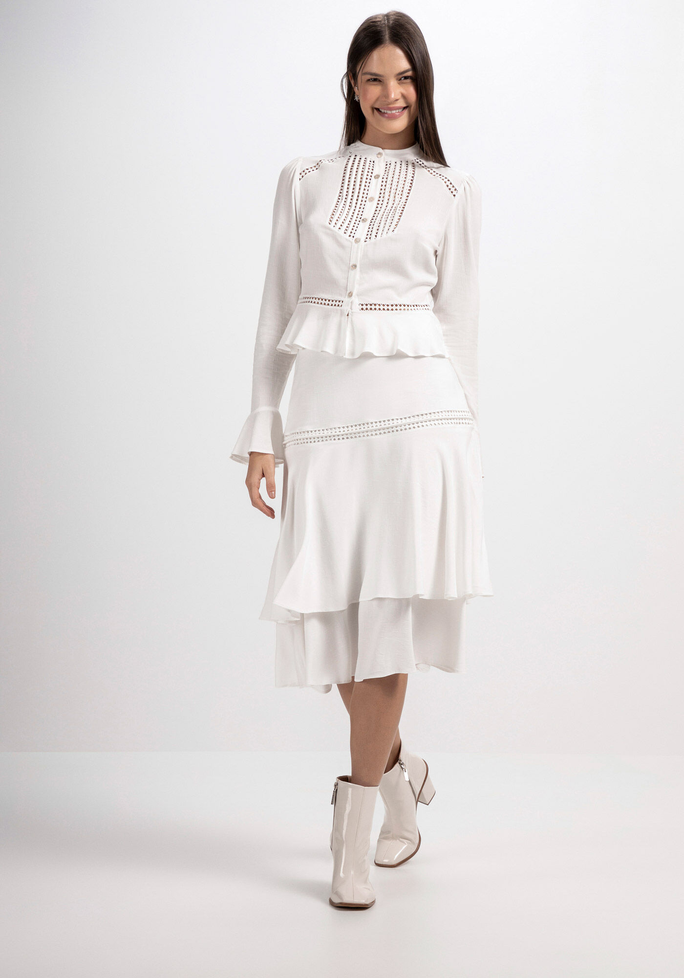 Saia Midi Evas&ecirc; com Babado Sobreposto, , large.