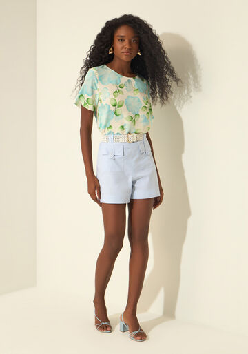 Blusa Estampada Com Mangas Curtas Em Viscose Responsável, AQUARELA BEGE. Blusa Estampada Com Mangas Curtas Em Viscose Responsável, AQUARELA BEGE, large.