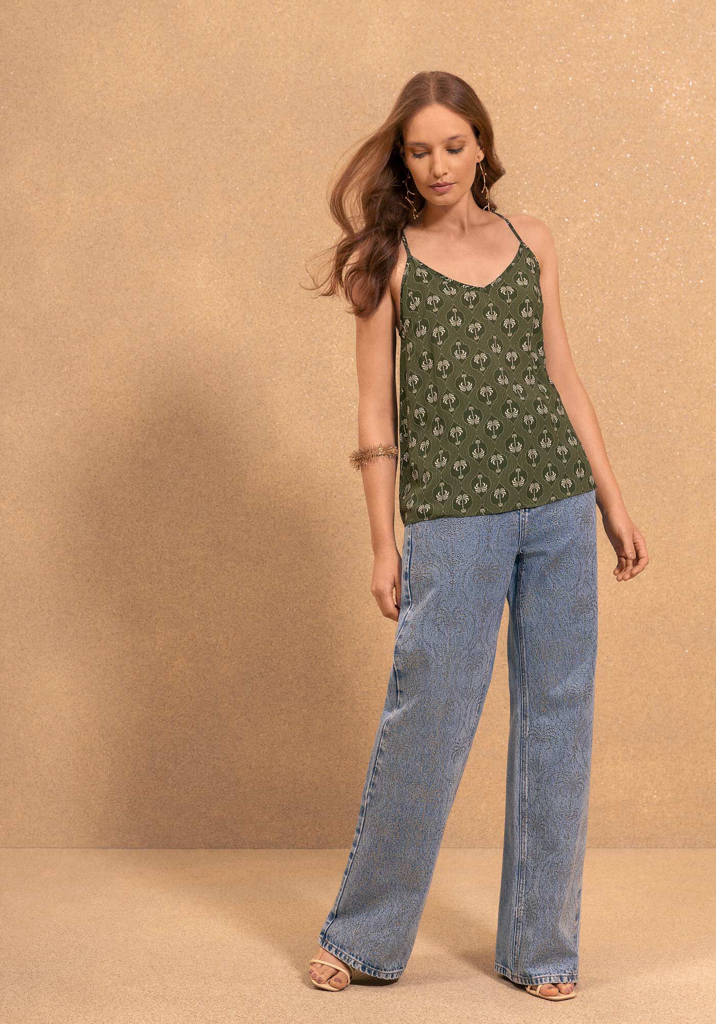 Blusa Regata De Al&ccedil;as Finas Estampada Com Decote Em V, MINI PALM VERDE, large.