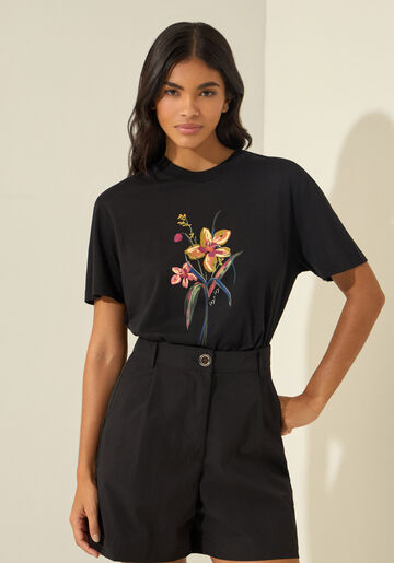 T- shirt Com Estampa Em Malha Liocel, PRETO. T- shirt Com Estampa Em Malha Liocel, PRETO, large.