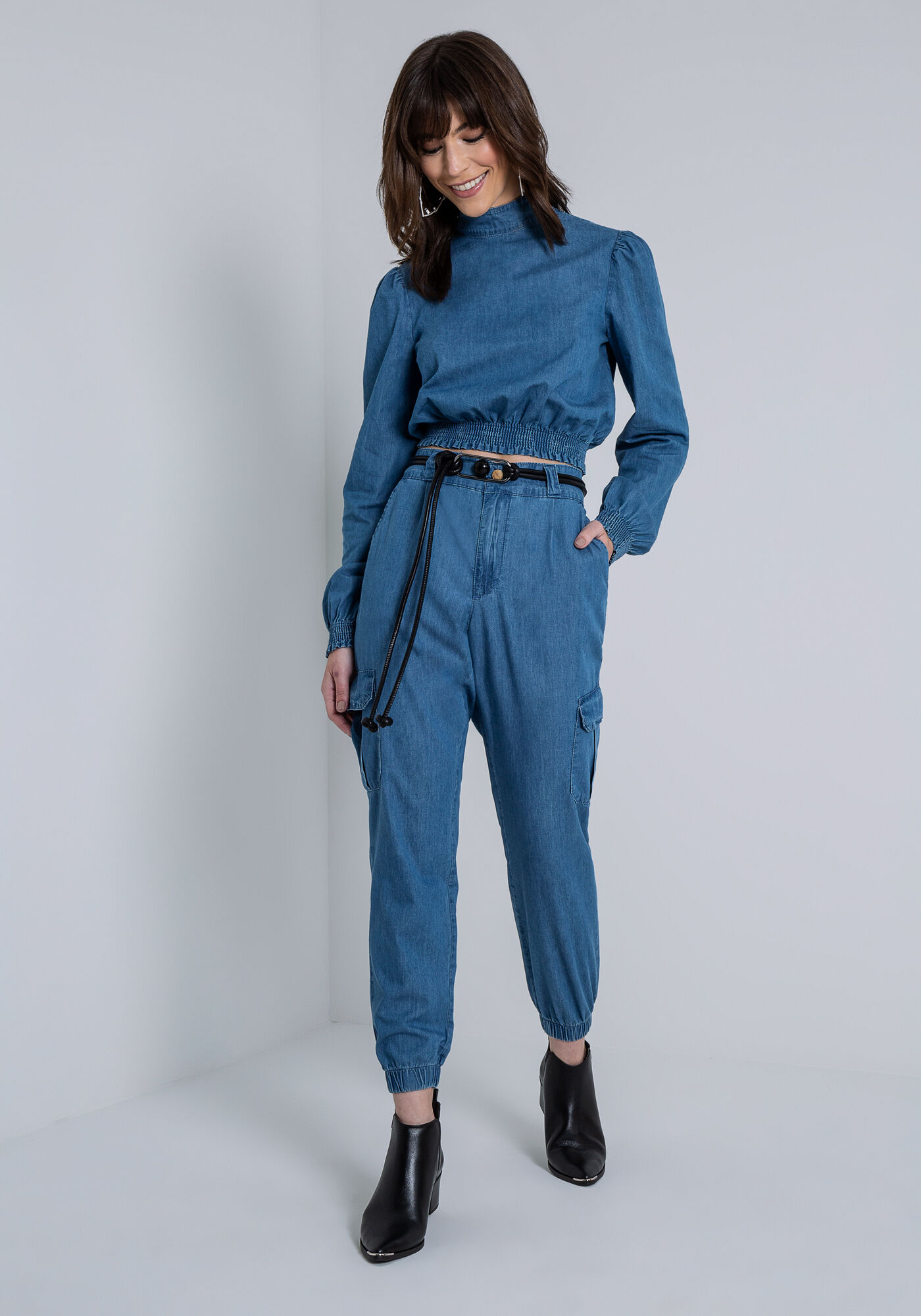 Blusa Manga Bufante Cropped Gola Alta, JEANS, large.