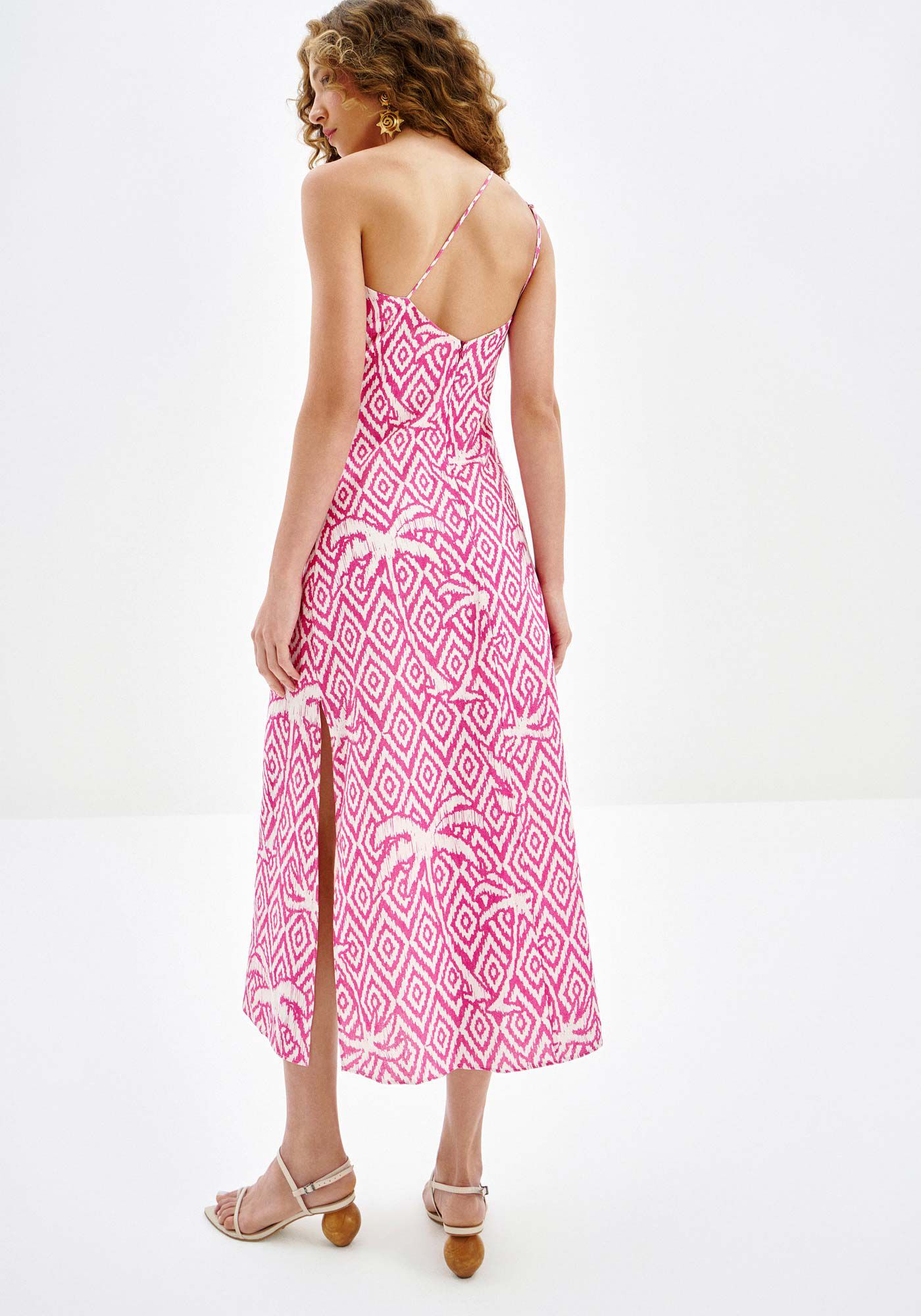 Vestido Midi Estampado em Linho com Um Ombro S&oacute;, , large.