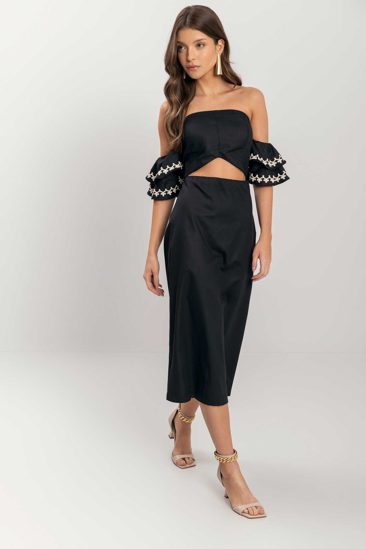 Vestido Ombro A Ombro Com Bordado E Recorte, , large.