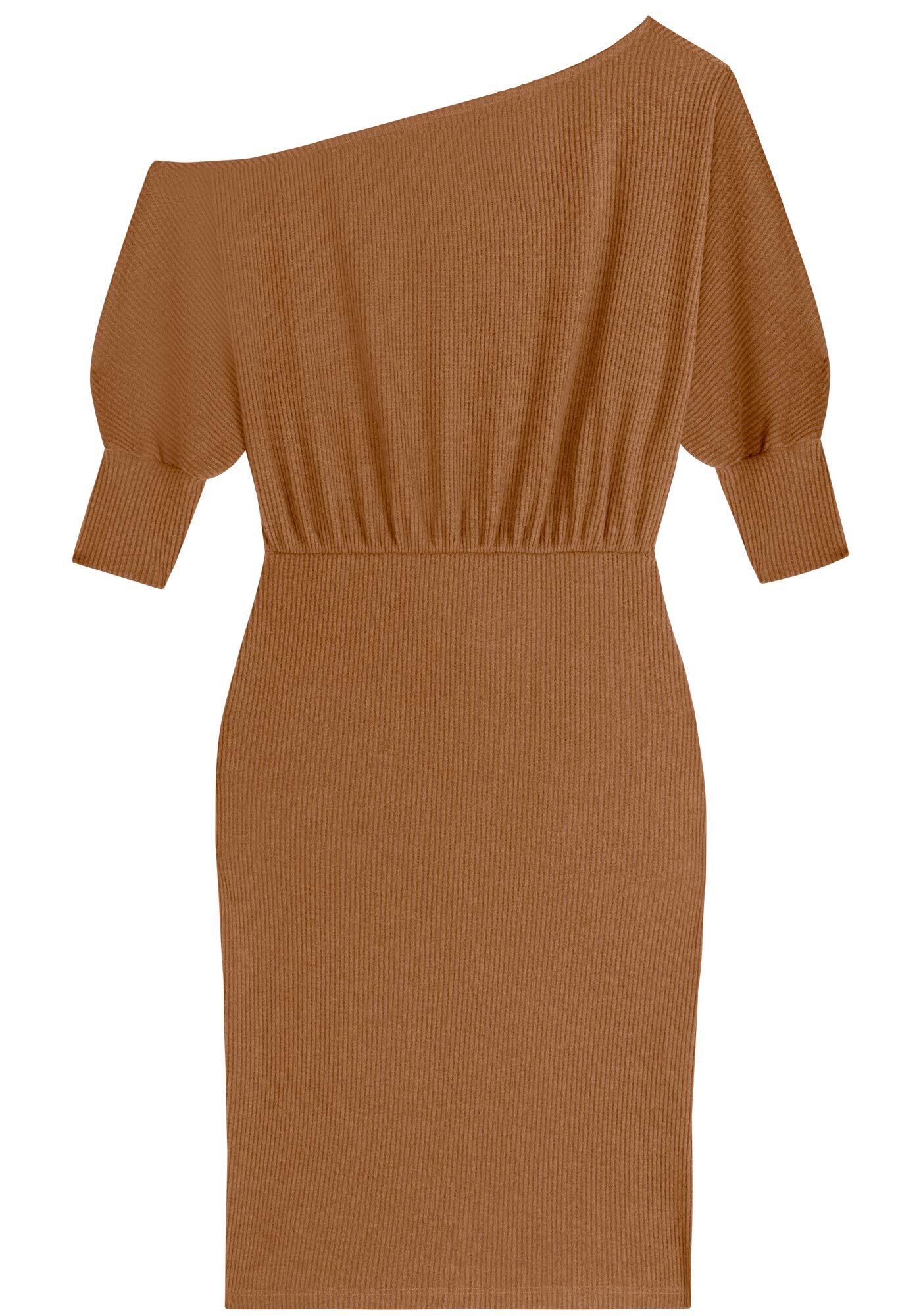 Vestido Midi Ombro A Ombro Em Malha Canelada, , large.