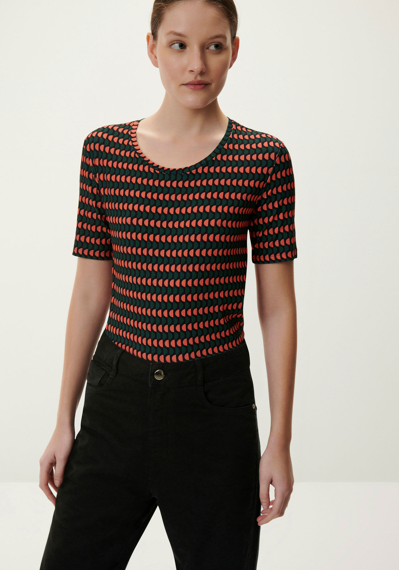 Blusa Estampada Canelada com Manga Curta, , large.