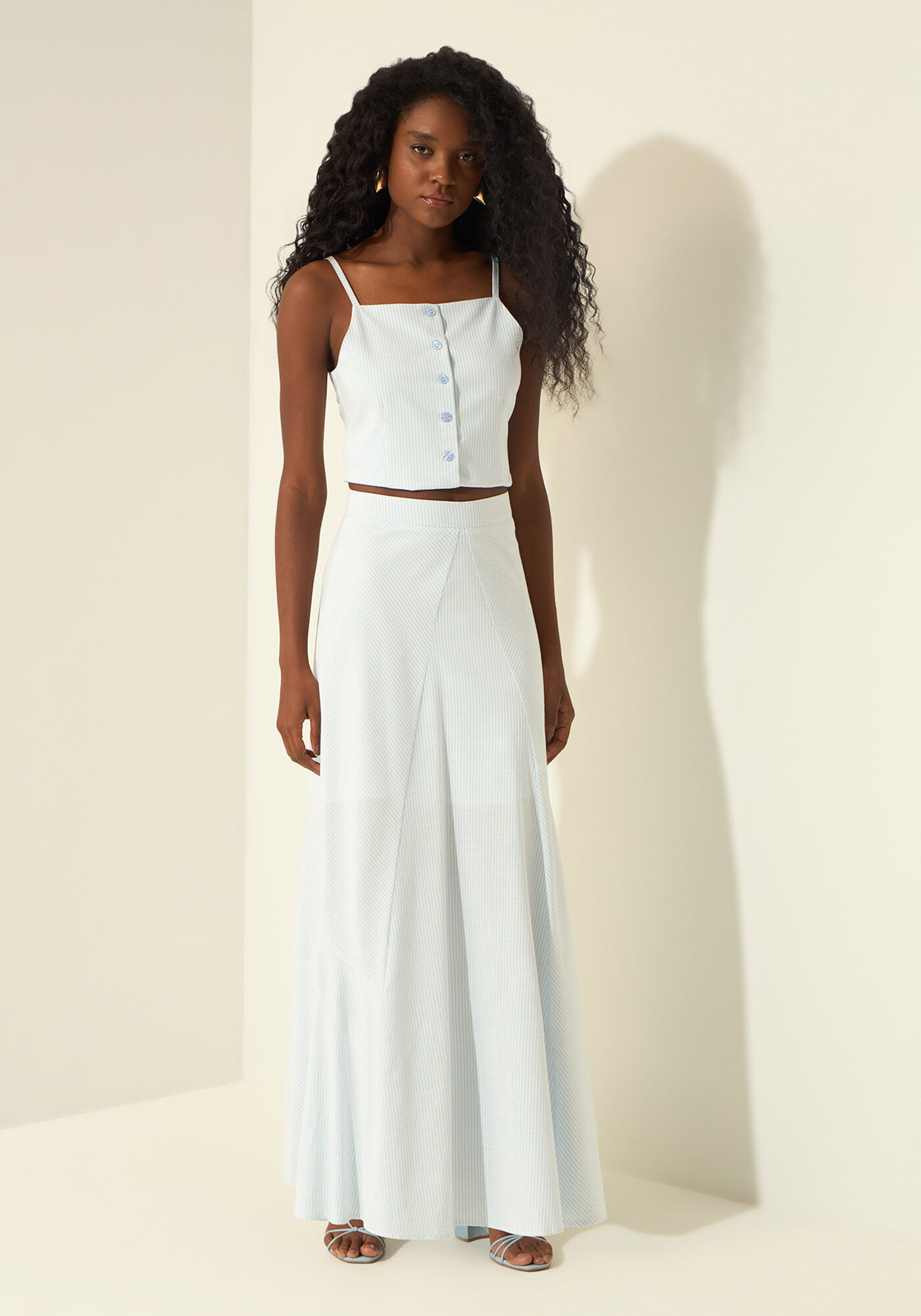 Saia Longa De Cintura M&eacute;dia Em Tecido Listrado, AZUL PUPPY, large.