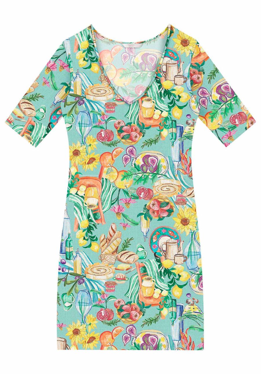Vestido Curto Canelado com Decote V Estampado, . Vestido Curto Canelado com Decote V Estampado, , large.