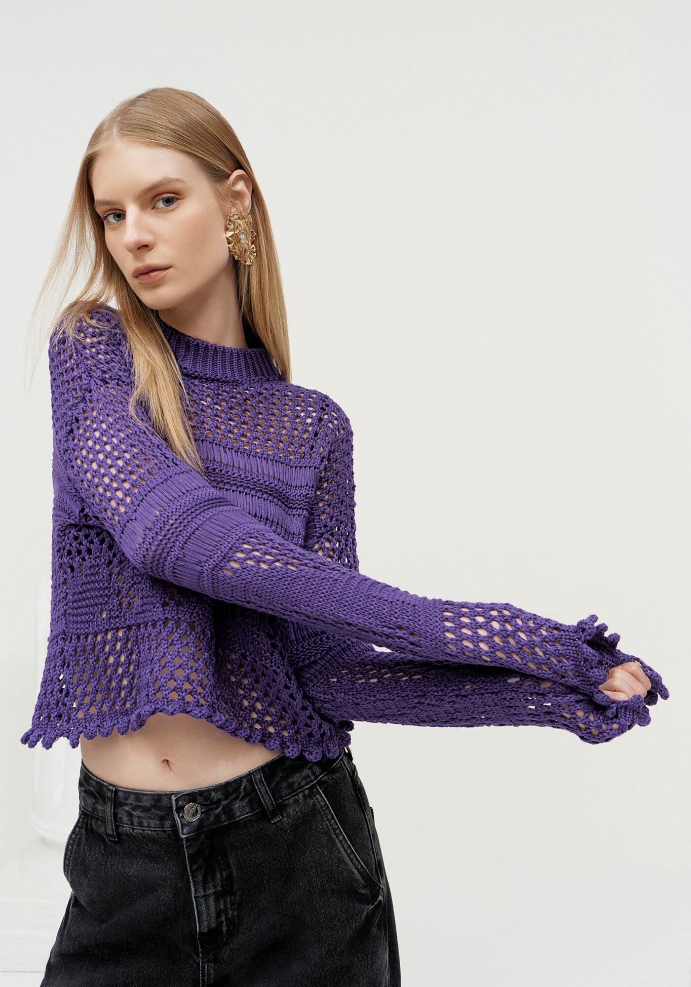 Blus&atilde;o em Tric&ocirc; Vazado com Detalhes Trama, VIOLETA MAGAZINE, large.