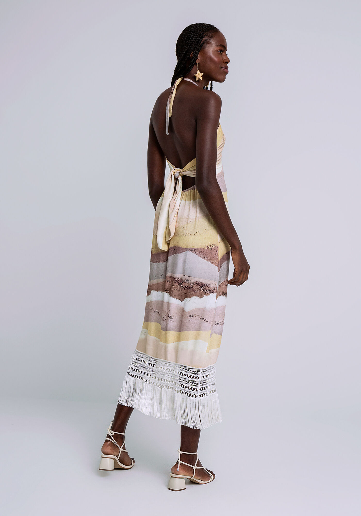 Vestido Frente &Uacute;nica Midi em Crepe com Franjas, , large.