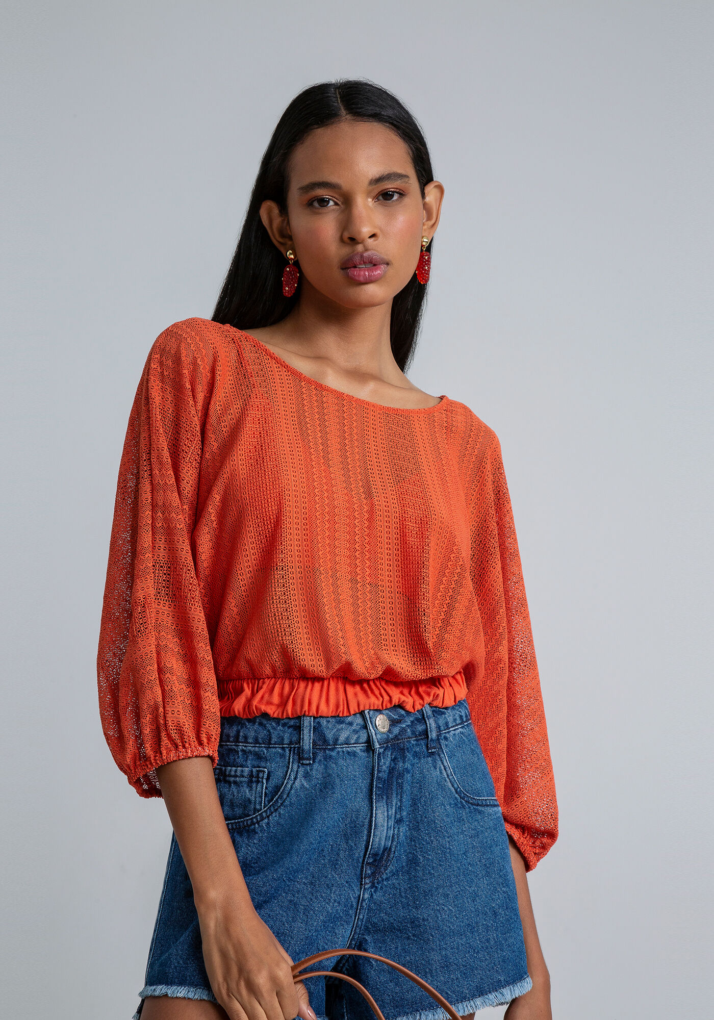 Blusa Manga 3/4 Bufante Renda, LARANJA, large.
