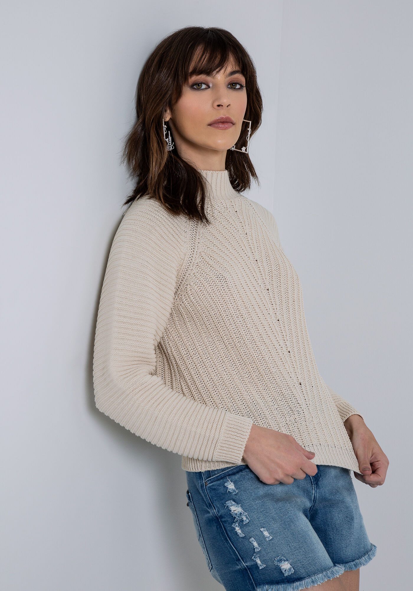 Blus&atilde;o Manga Longa em Tric&ocirc; com Gola Alta, BRANCO OFF WHITE, large.