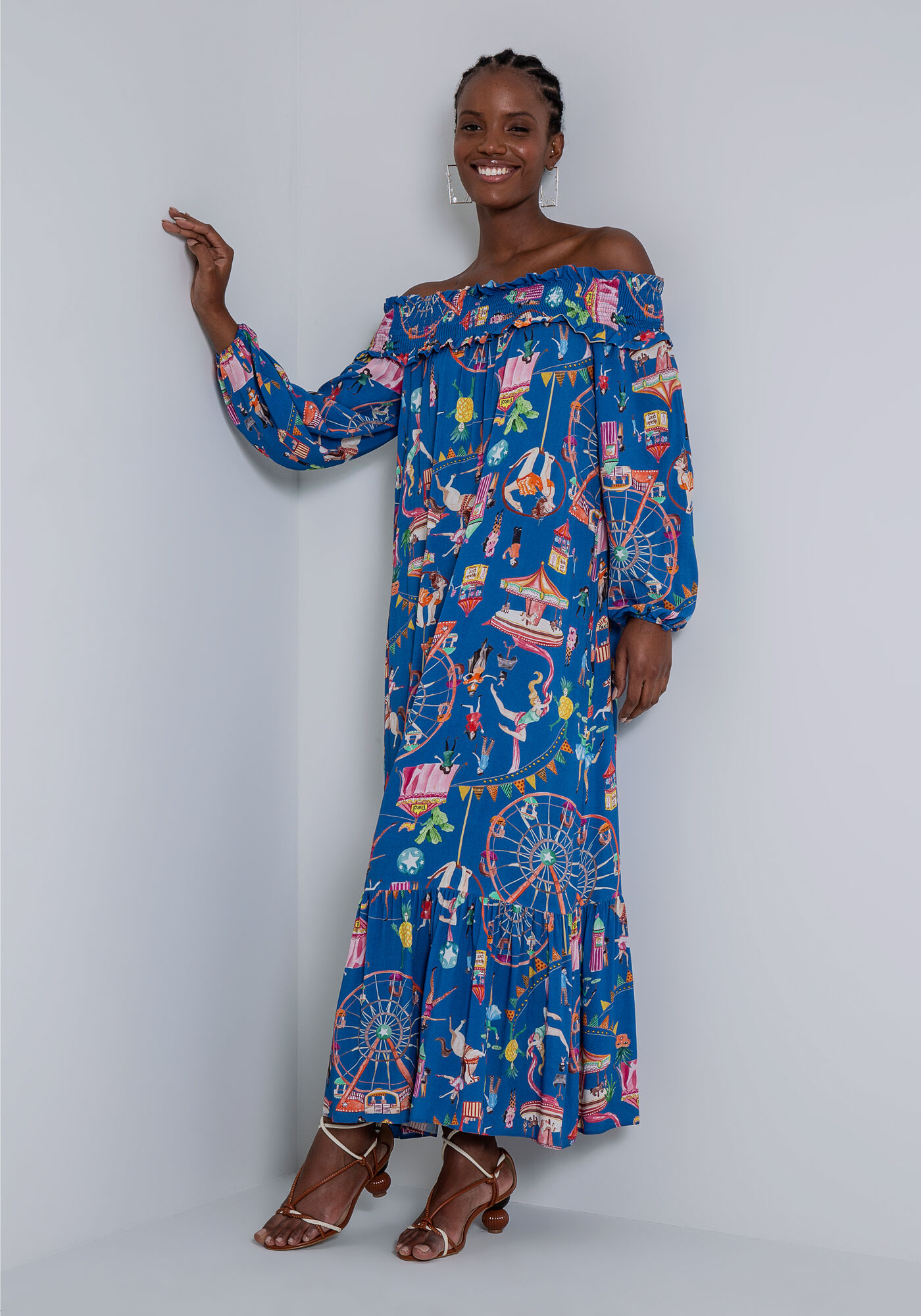 Vestido Midi Ch&aacute; em Viscose Ombro a Ombro, PARQUE DE DIVERSOES, large.