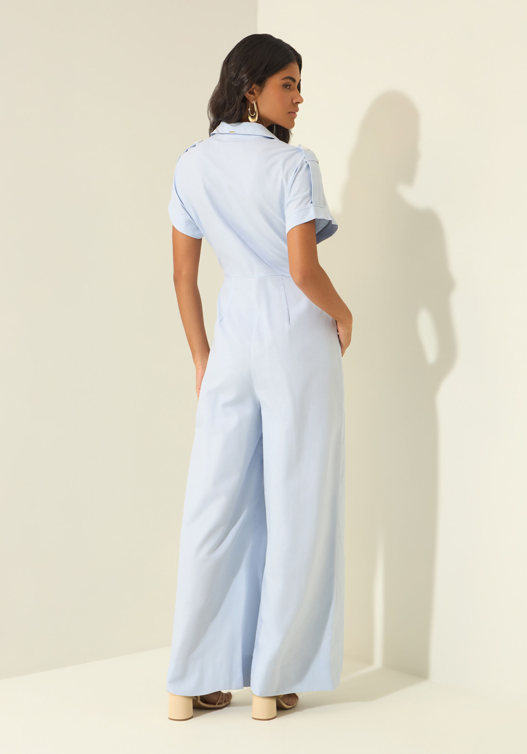 Macacão Longo De Mangas Curtas Com Bolsos, AZUL PUPPY. Macacão Longo De Mangas Curtas Com Bolsos, AZUL PUPPY, large.