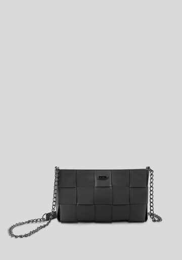 Bolsa Média De Couro Com Alça Corrente E Acabamento Trançado, PRETO. Bolsa Média De Couro Com Alça Corrente E Acabamento Trançado, PRETO, large.