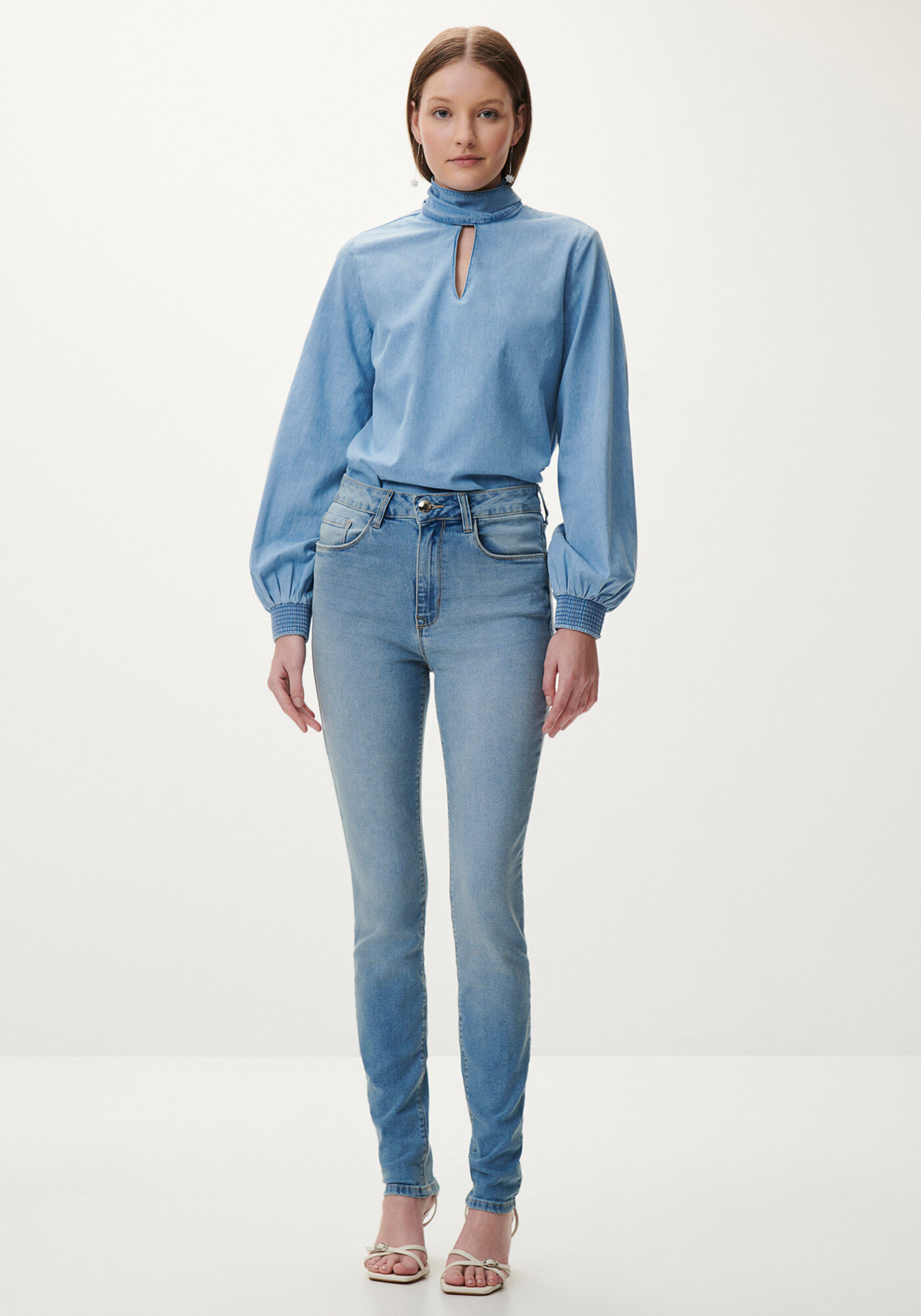 Blusa Jeans Manga Bufante com La&ccedil;o Gola, , large.