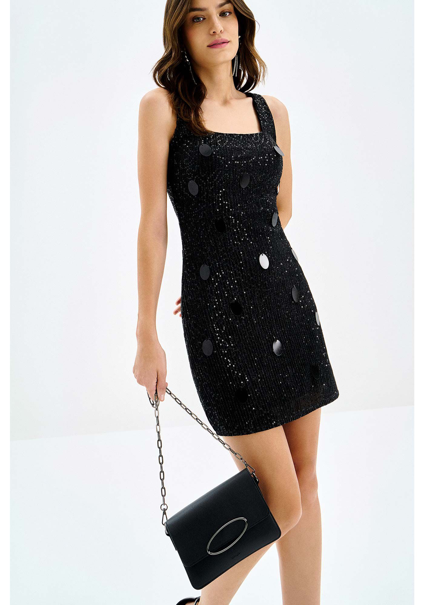 Vestido Curto em Paet&ecirc;s com Decote Quadrado, , large.