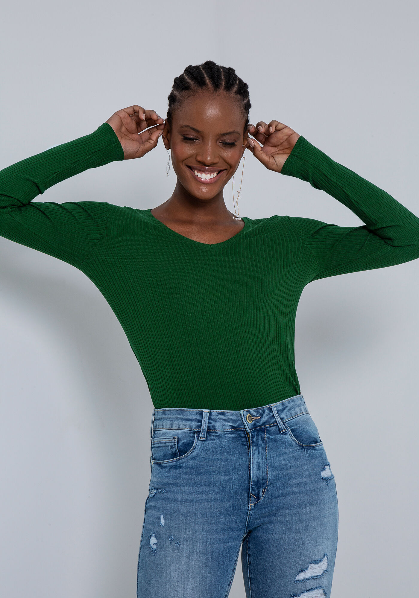 Blusa Manga Longa em Malha Decote V, , large.