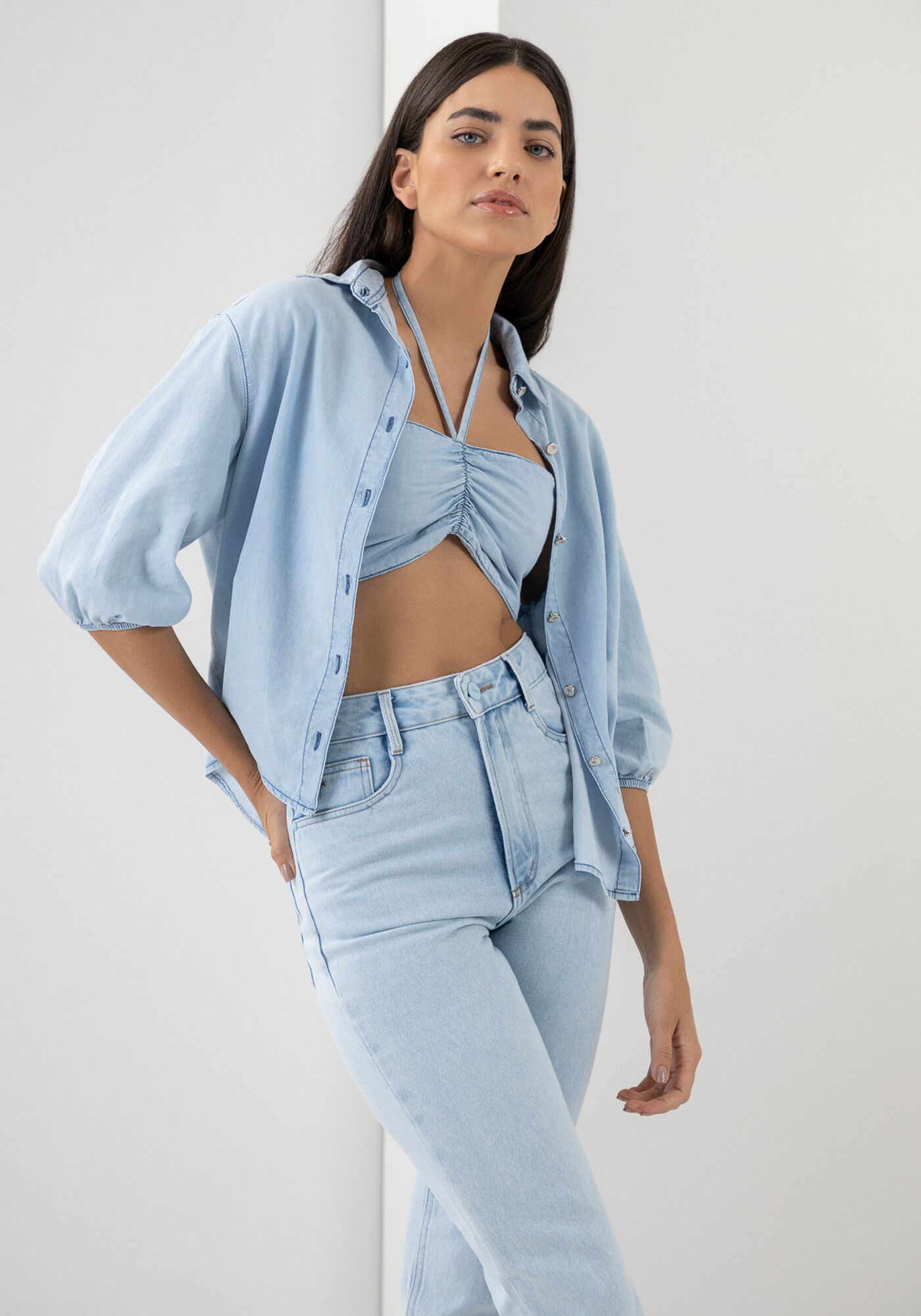 Camisa Jeans Manga 3 4 com Top Frente nica Lez a Lez