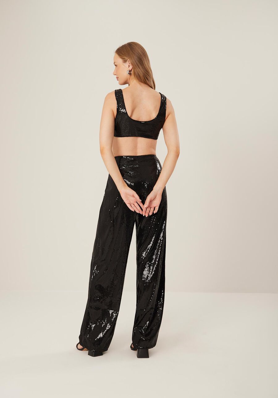 Calça Reta em Paetês com Cintura Alta, PRETO. Calça Reta em Paetês com Cintura Alta, PRETO, large.