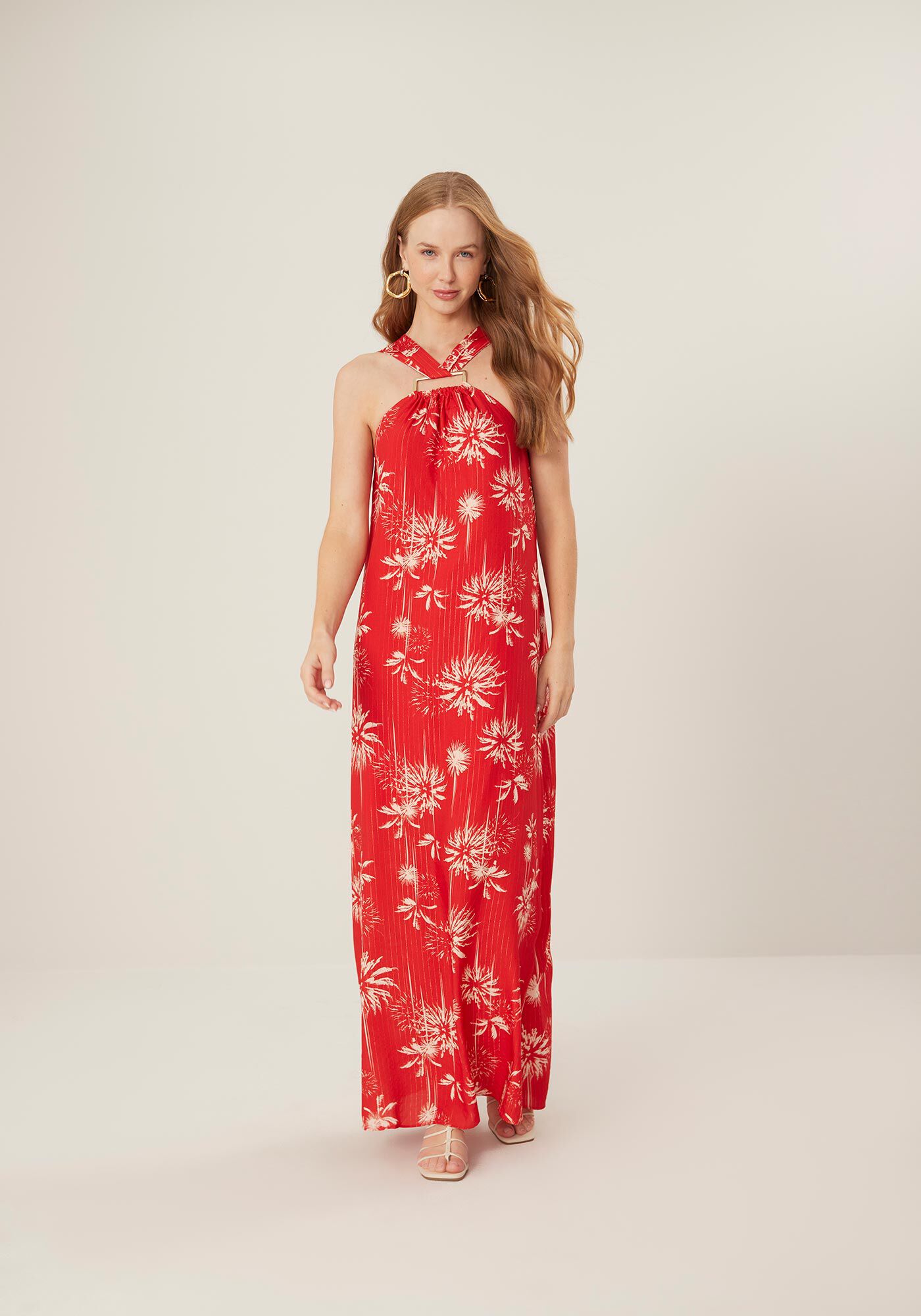 Vestido Longo Estampado em Viscose com Lurex, , large.