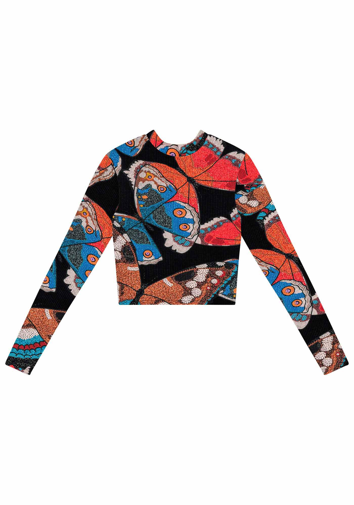 Blusa Manga Longa Cropped Estampada com Gola, , large.