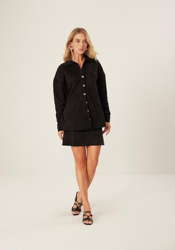 Casaco Boyfriend Em Malha Suede Com Botões Frontais, PRETO. Casaco Boyfriend Em Malha Suede Com Botões Frontais, PRETO, large.